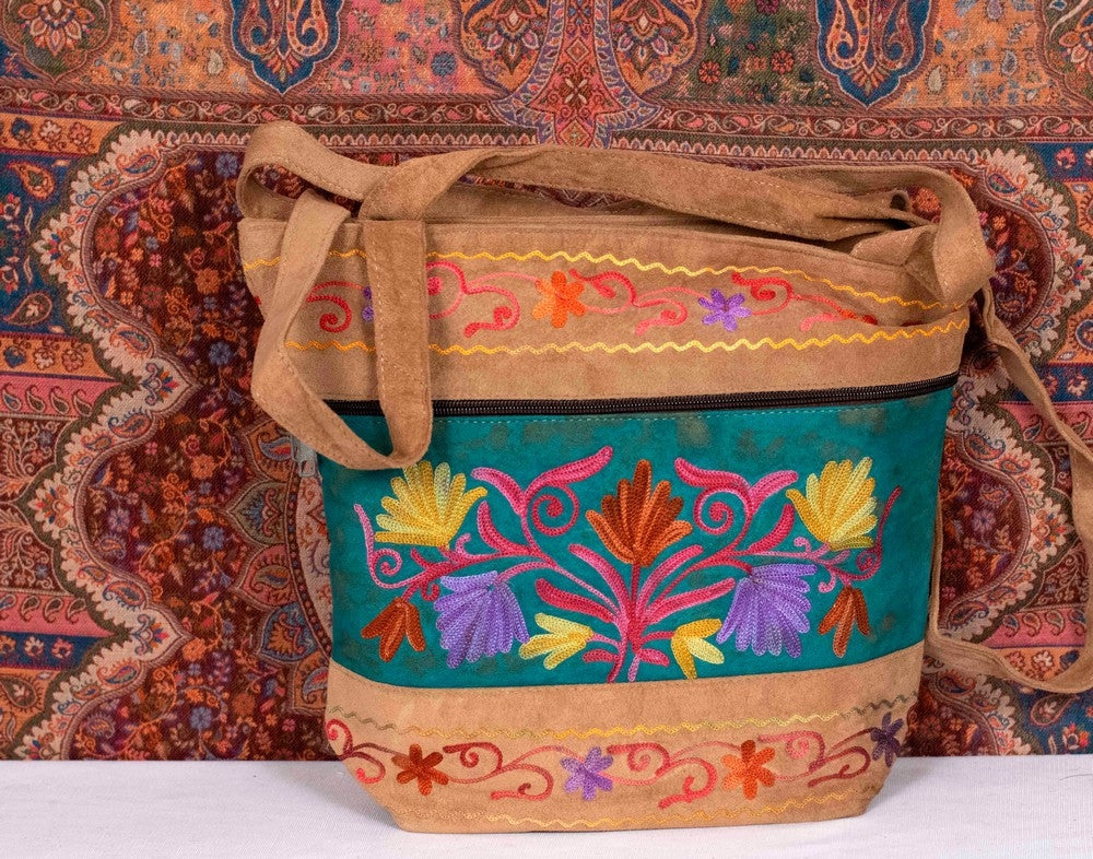 Suede Leather Kashmiri Work Shoulder Bag