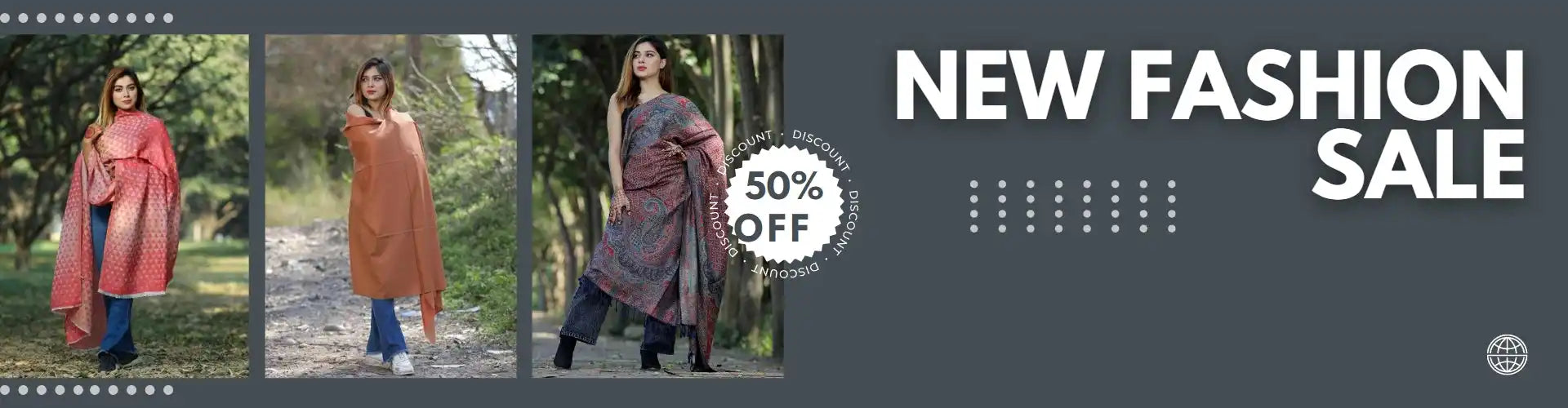 Three models displaying different outfits and shawls.