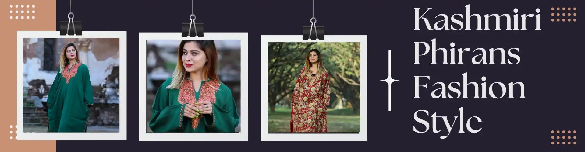 Three women modeling traditional Kashmiri pherans.