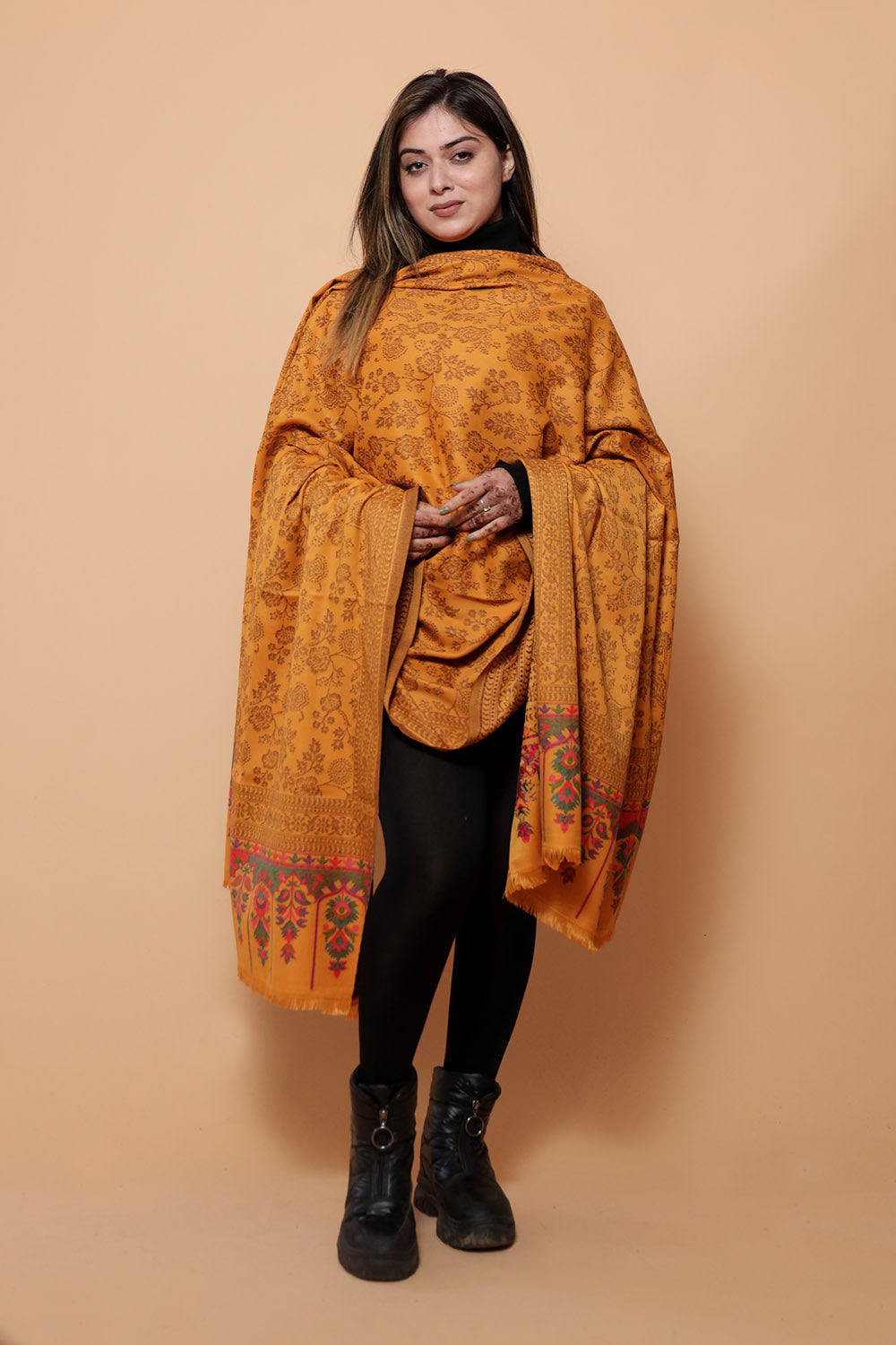 Traditional Kashmiri Mustard COLOUR KANI SHAWL WORK DEFINES