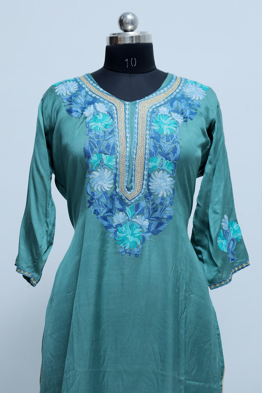 Turquoise Green Colour Kashmiri Crepe Kurti With Beautiful