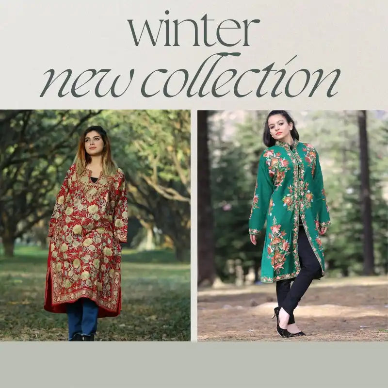 Two women modeling long, embroidered winter coats.