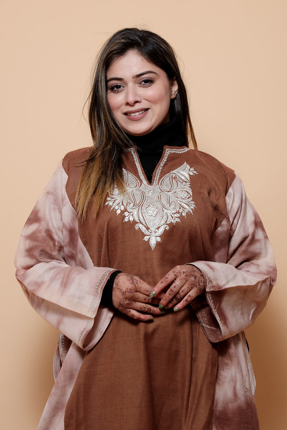 Tye Dye Brown Color Kashmiri Work Embroidered Phiran