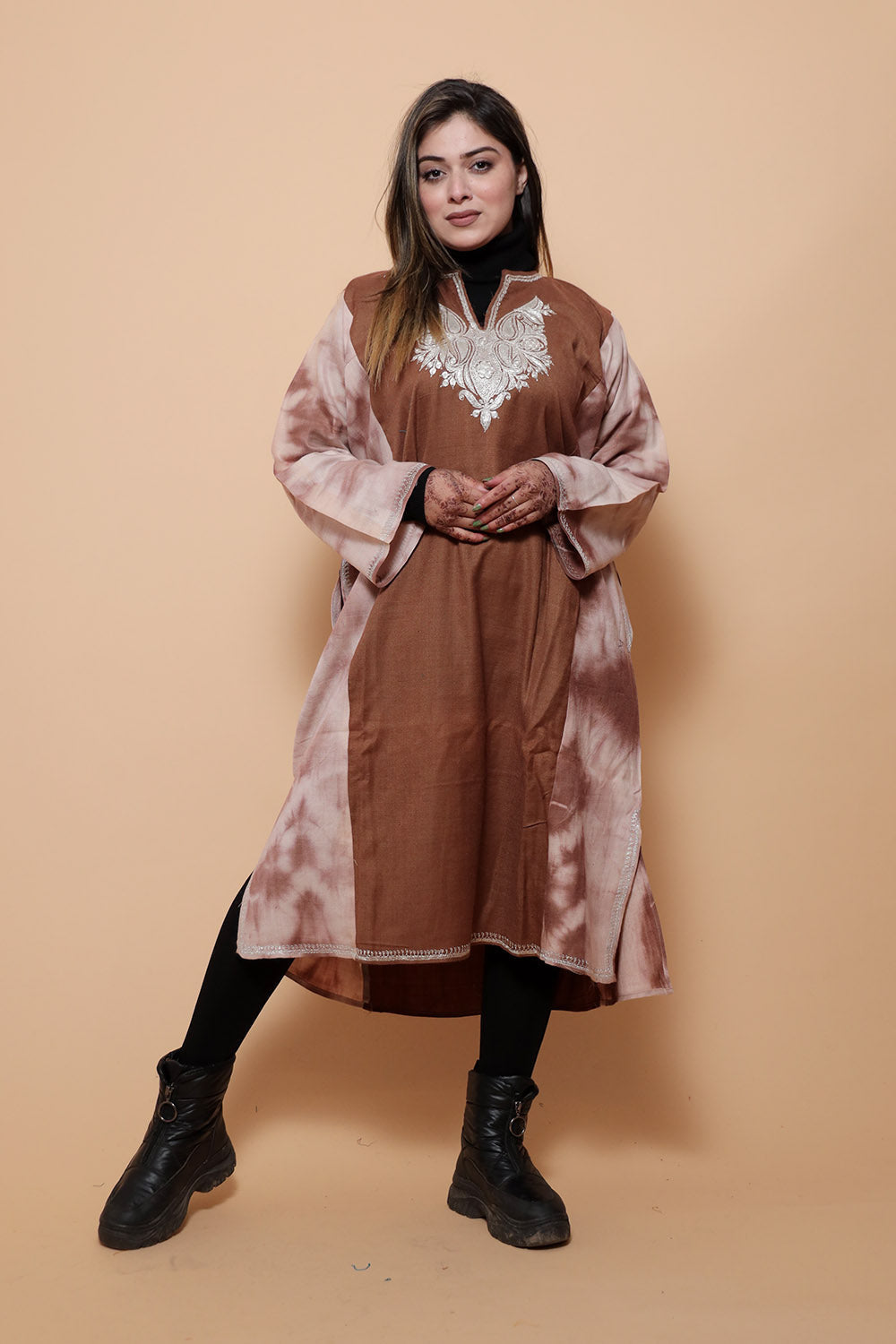 Tye Dye Brown Color Kashmiri Work Embroidered Phiran