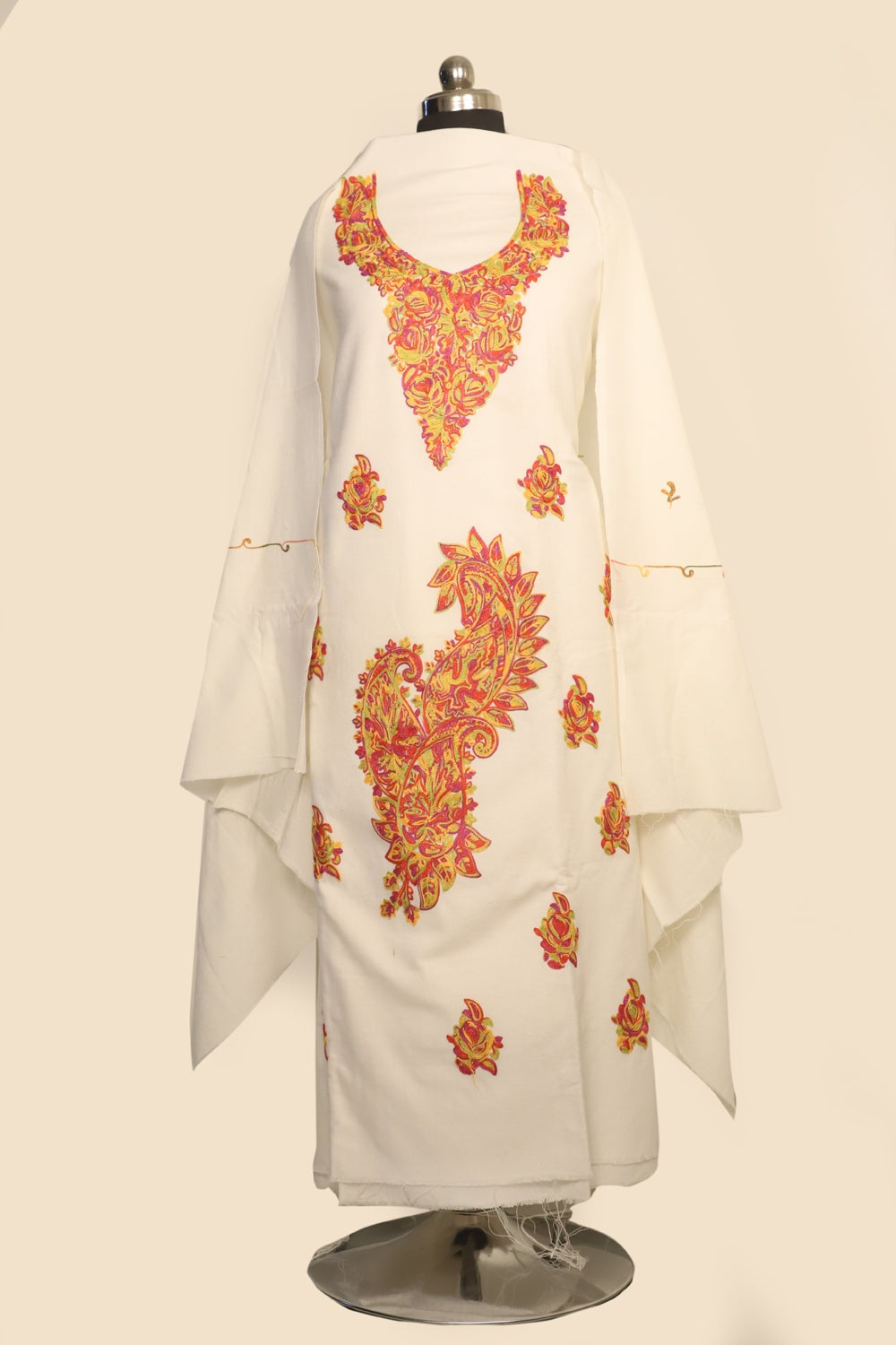 Off White Color Kashmiri Woolen Aari Work Embroidered