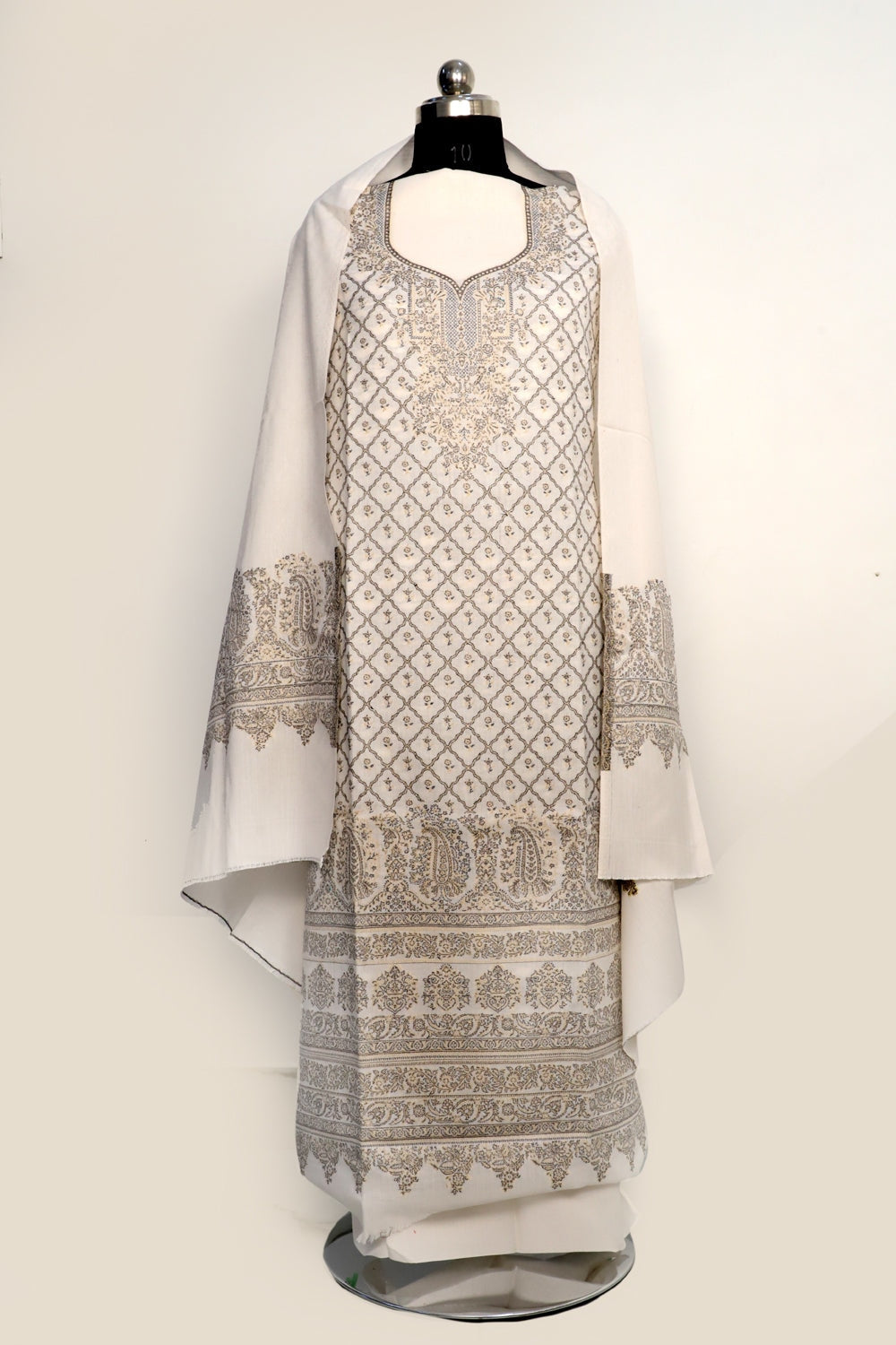 White Color Woolen Kashmiri Kani Work Unstitched Suit