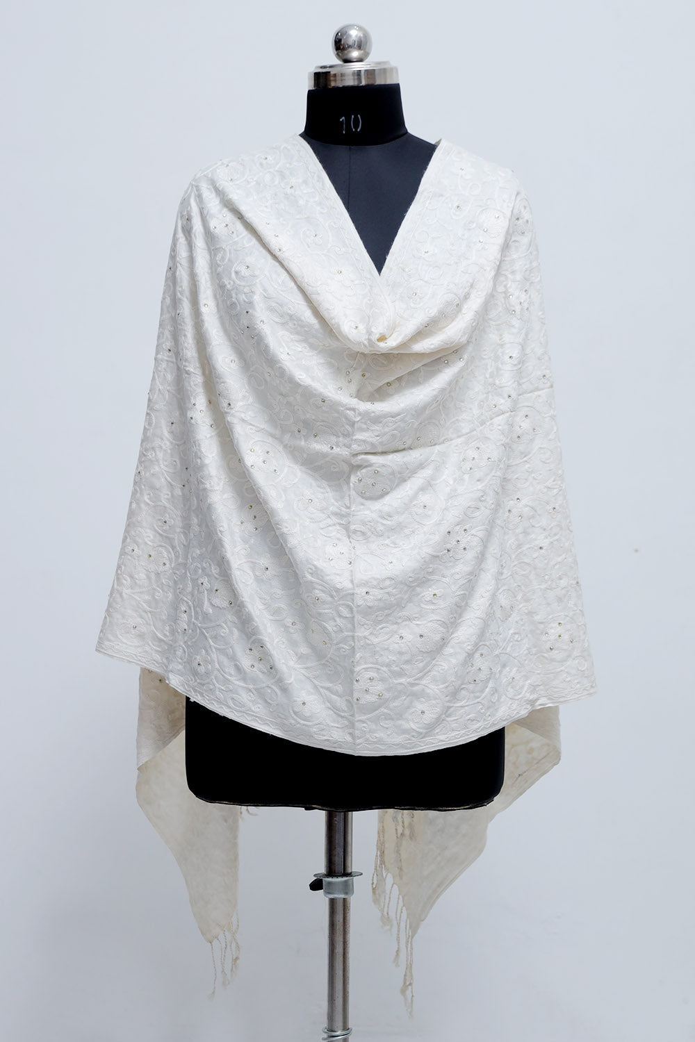 White Colour Aari Work Embroidered Stole Embellished