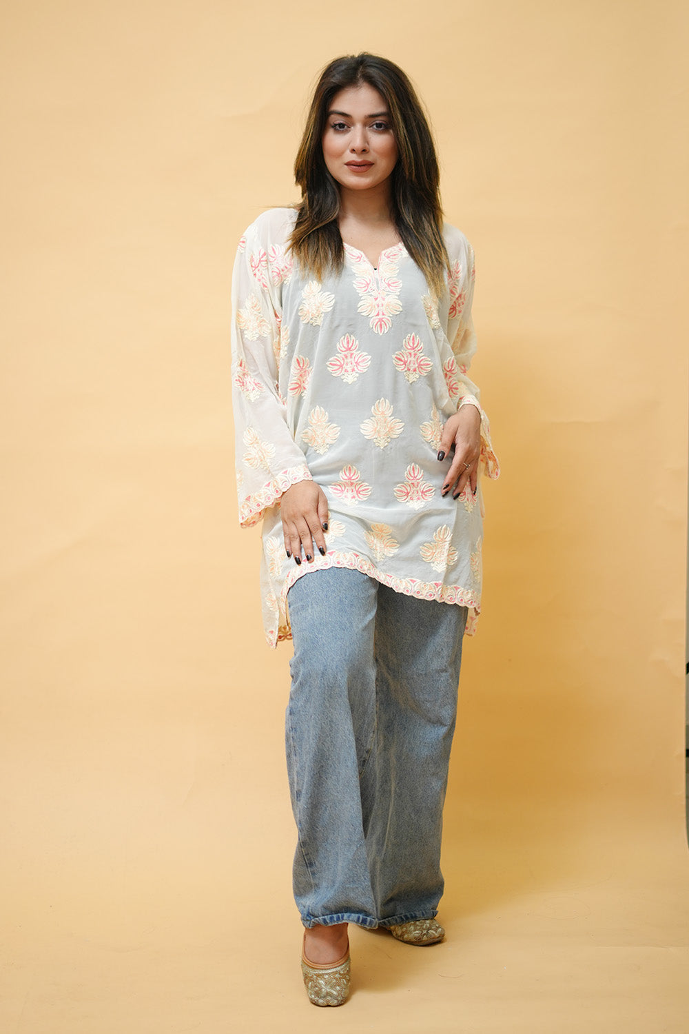 White Colour Aari Work Neck Short Kashmiri Kurti