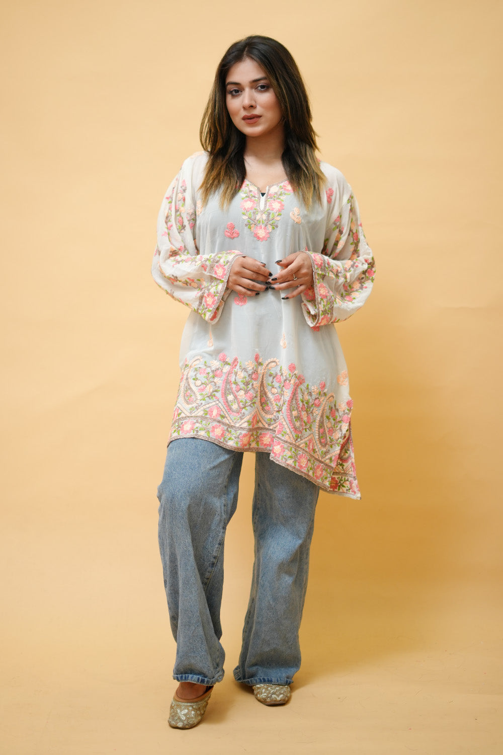 White Colour Aari Work Neck Short Kashmiri Kurti