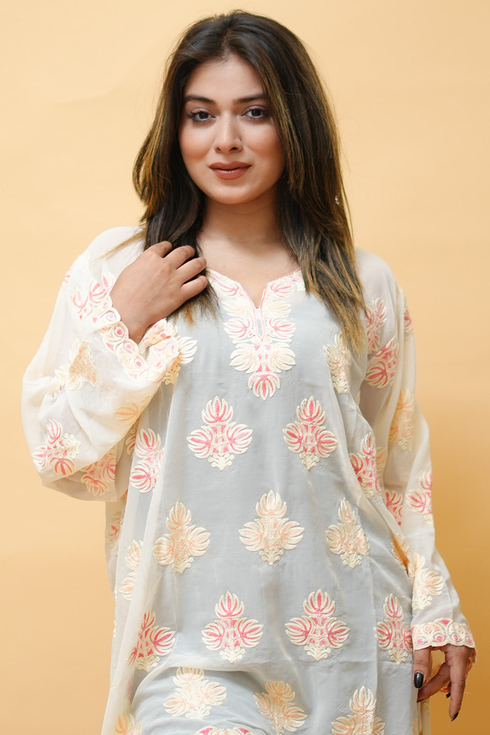 White Colour Aari Work Neck Short Kashmiri Kurti