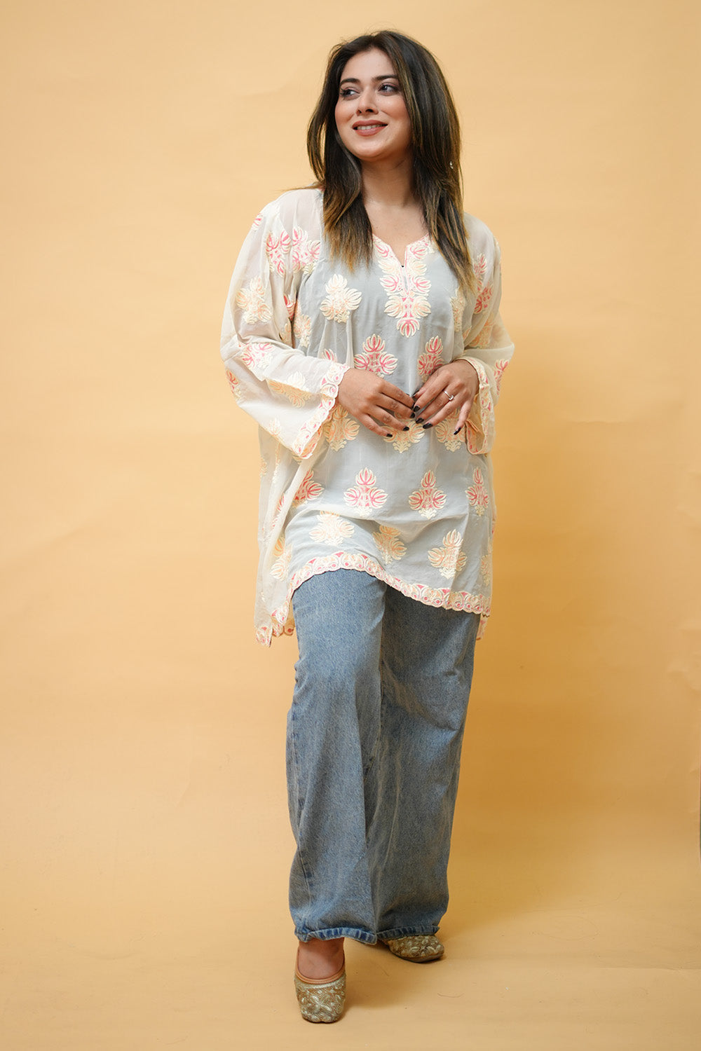 White Colour Aari Work Neck Short Kashmiri Kurti