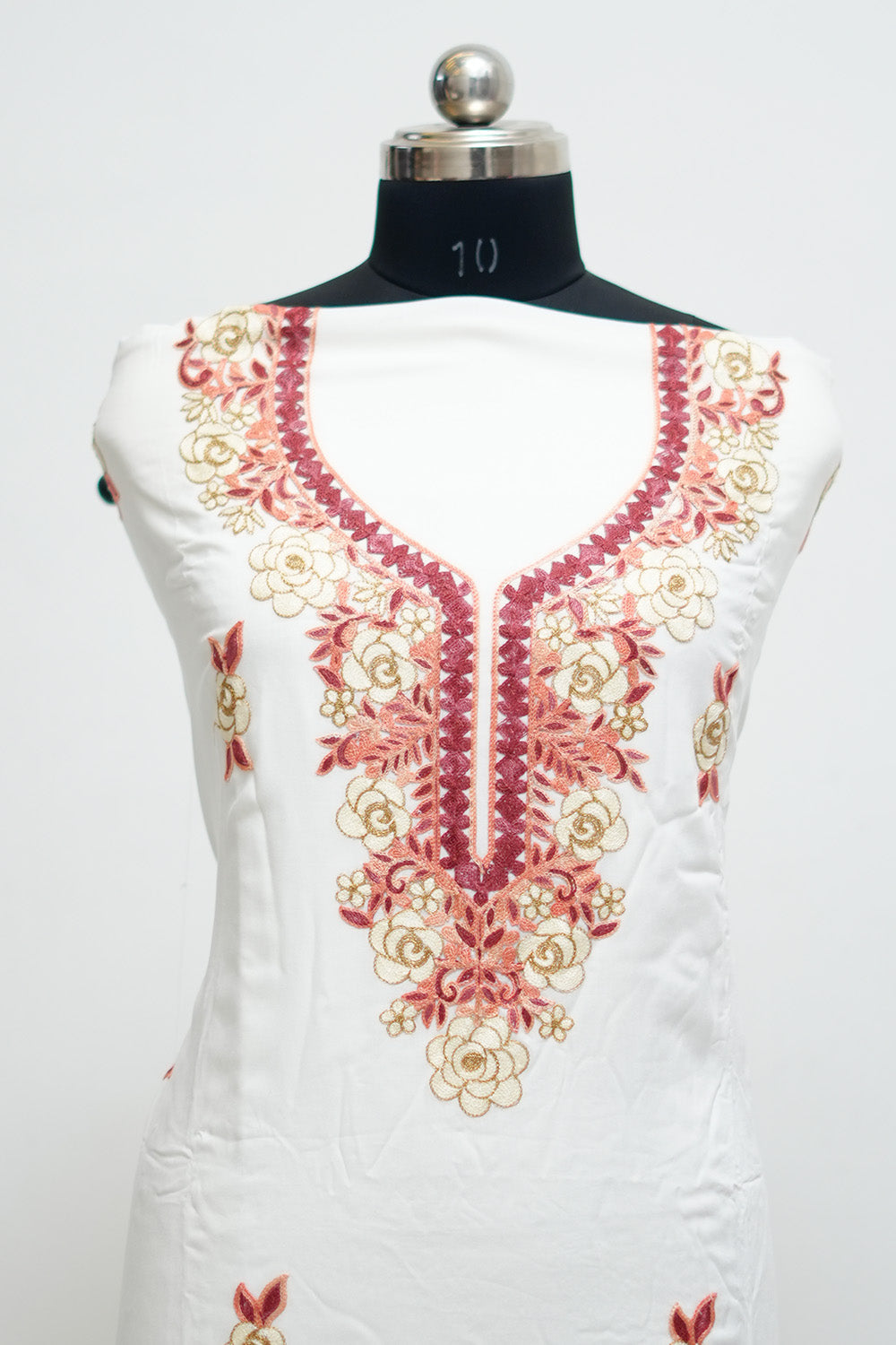 White Colour Aari Work Salwar Kameez With Neckline Pattern