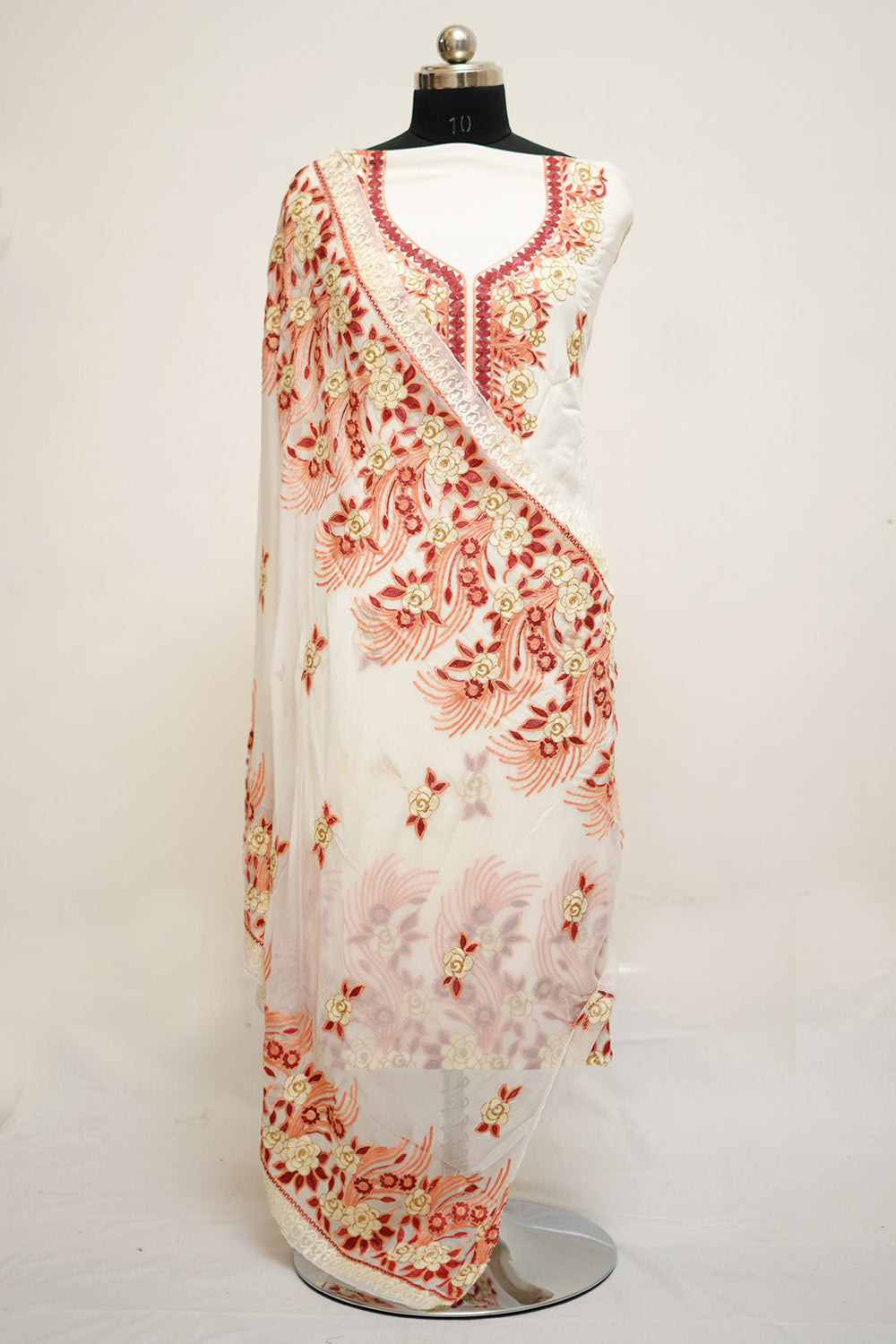 White Colour Aari Work Salwar Kameez With Neckline Pattern