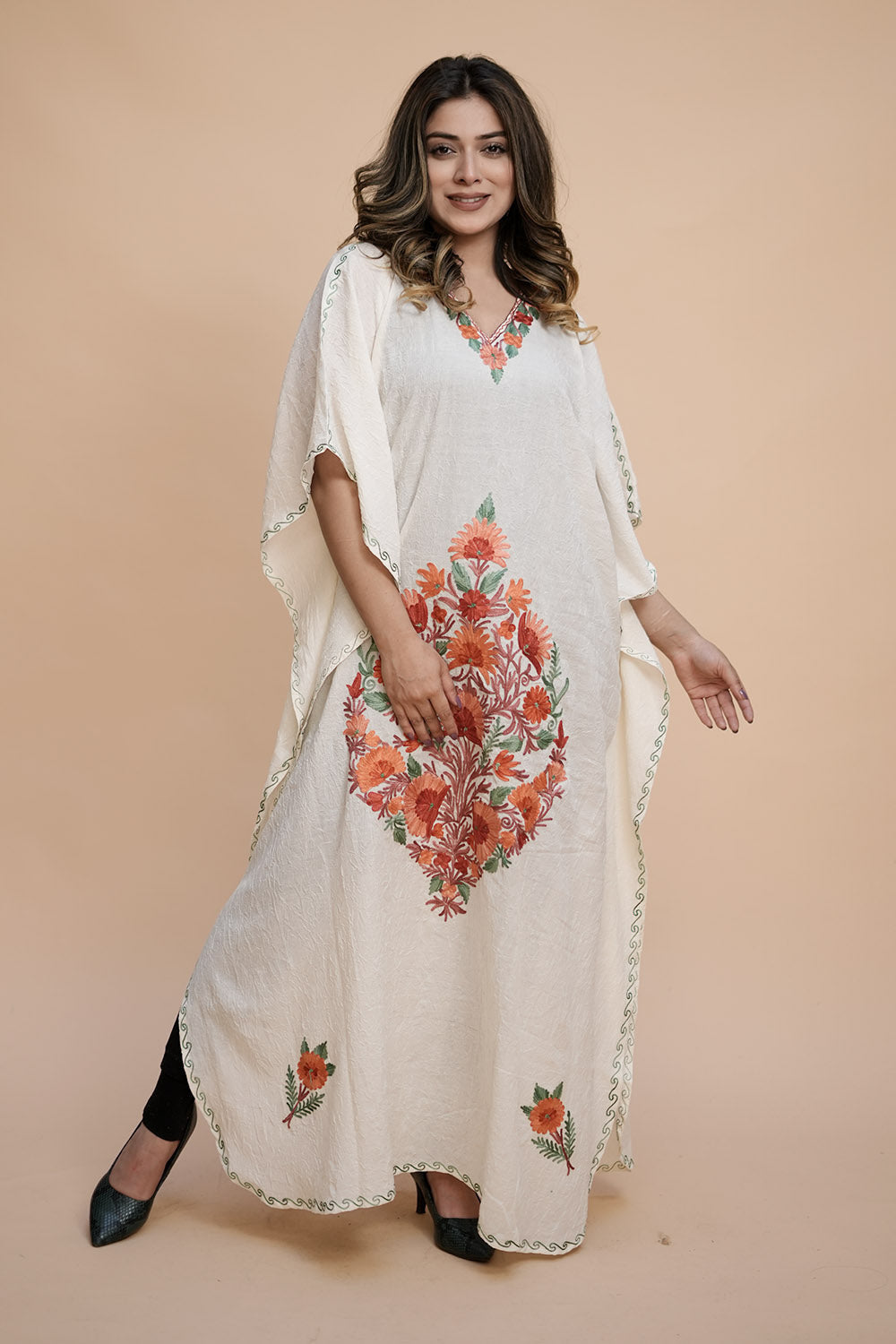 White Colour Crush Cotton Kashmiri Aari Work Designer Kaftan