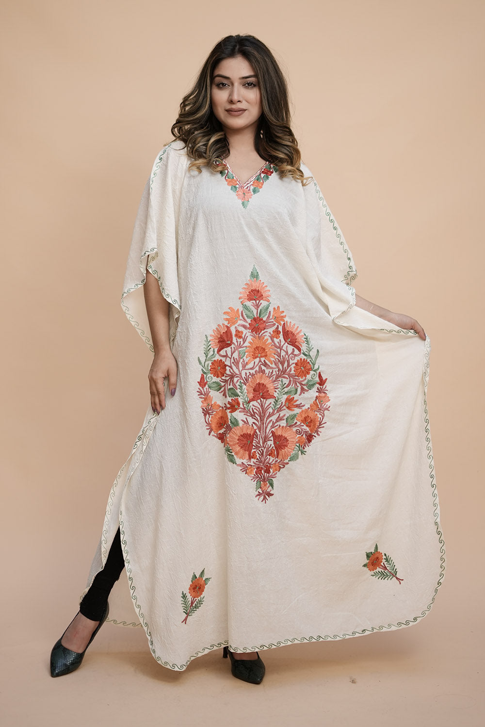 White Colour Crush Cotton Kashmiri Aari Work Designer Kaftan