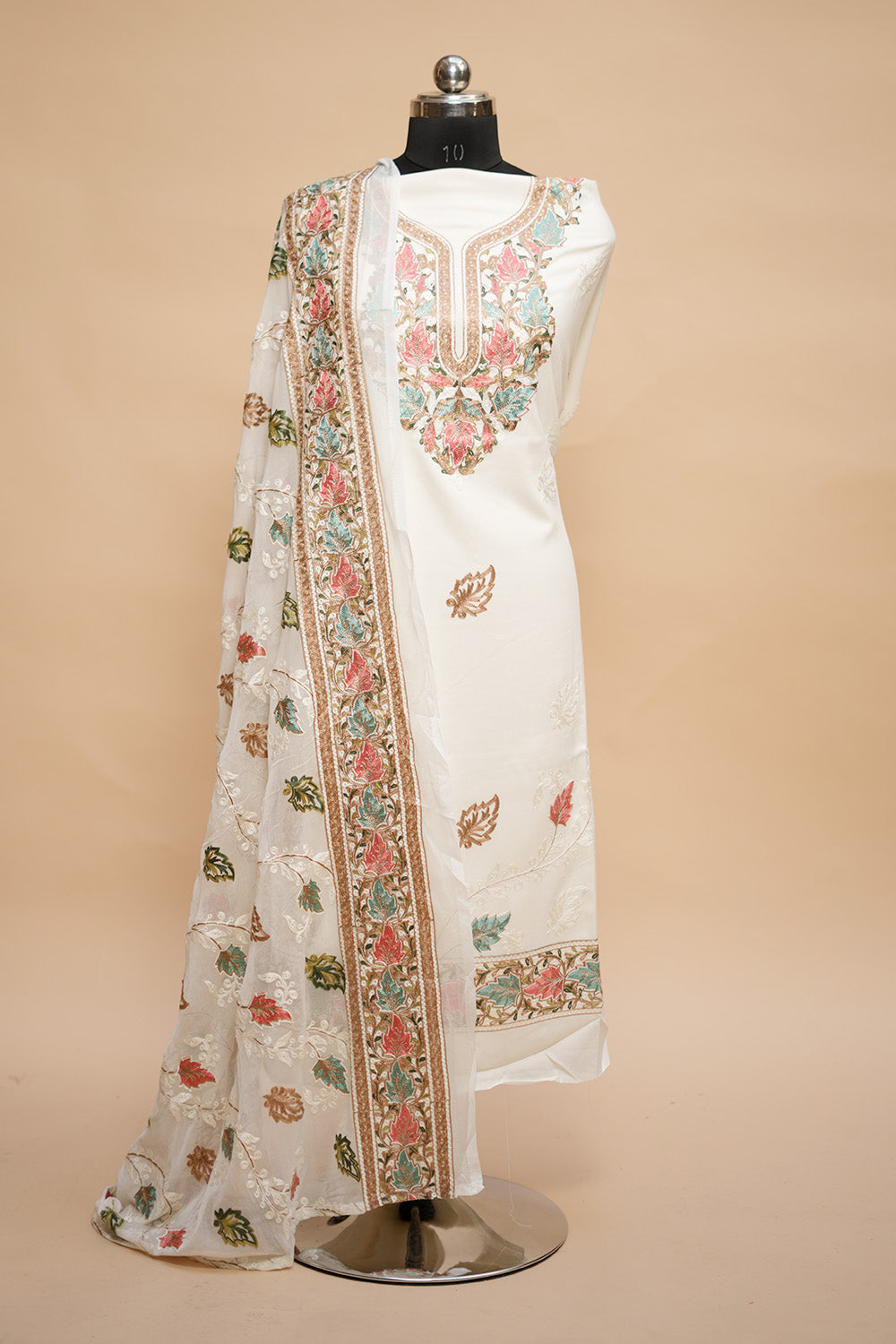 White Colour Designer Aari Work Salwar Kameez With Bottom