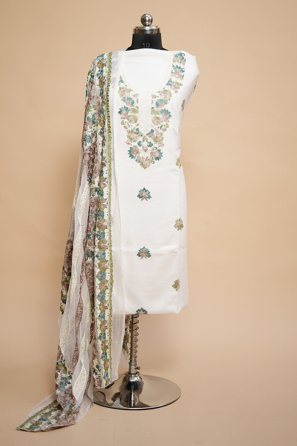 White Colour Designer Aari Work Salwar Kameez With Running