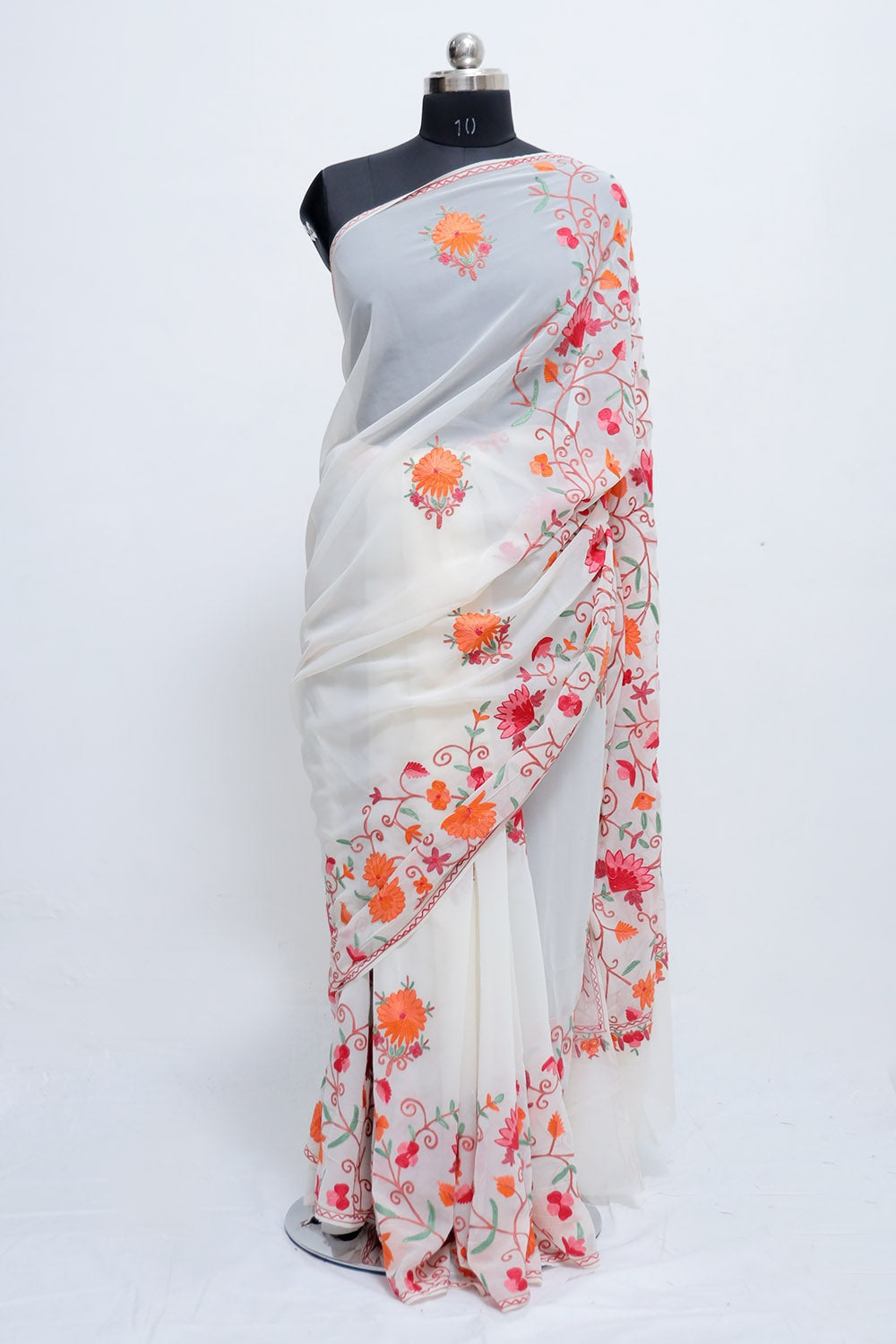 White Colour Georgette Saree With Beautiful Multicolour
