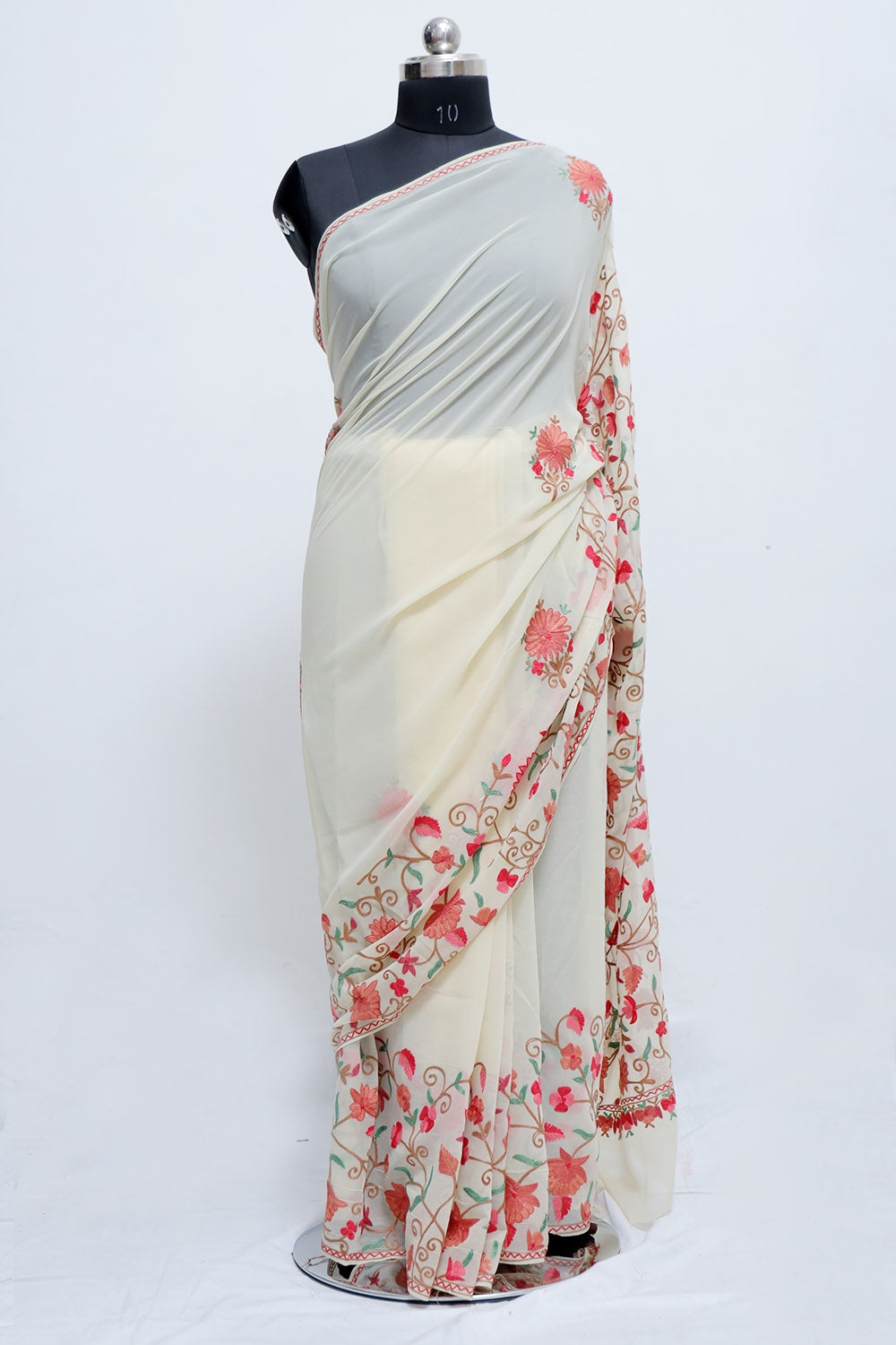 White Colour Georgette Saree With Beautiful Multicolour