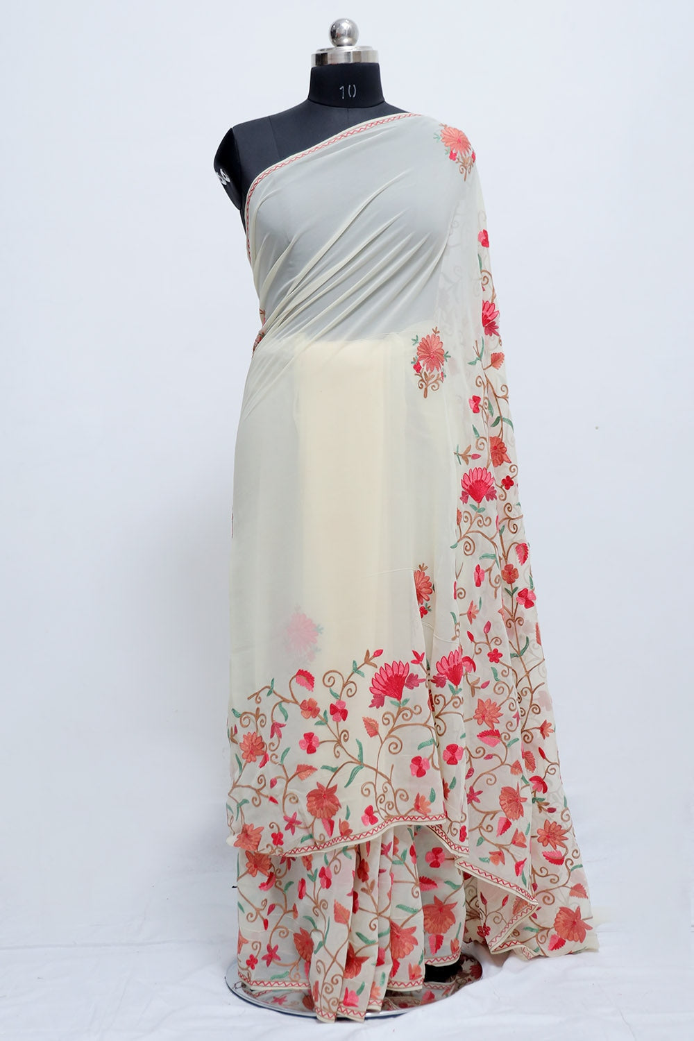 White Colour Georgette Saree With Beautiful Multicolour