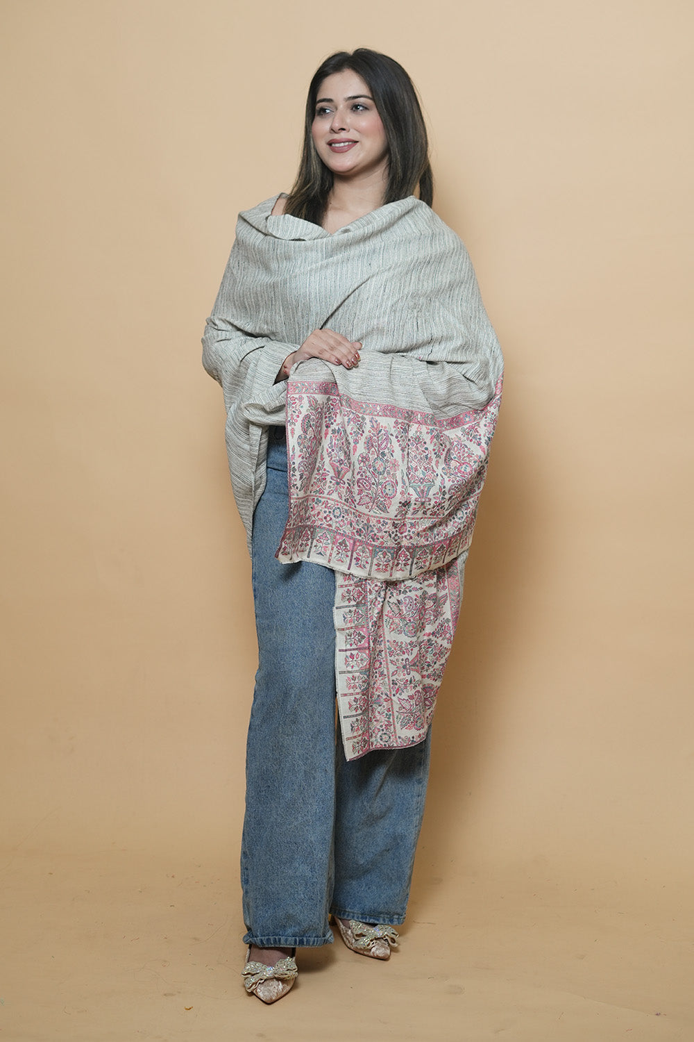 White Colour Kani Shawl With Style Bold And Dense Border