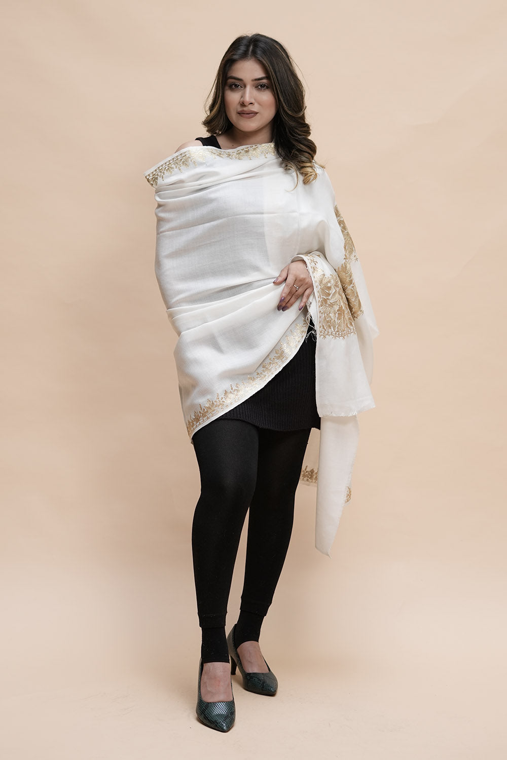 White Colour Semi Pashmina Shawl Enriched With Ethnic Heavy