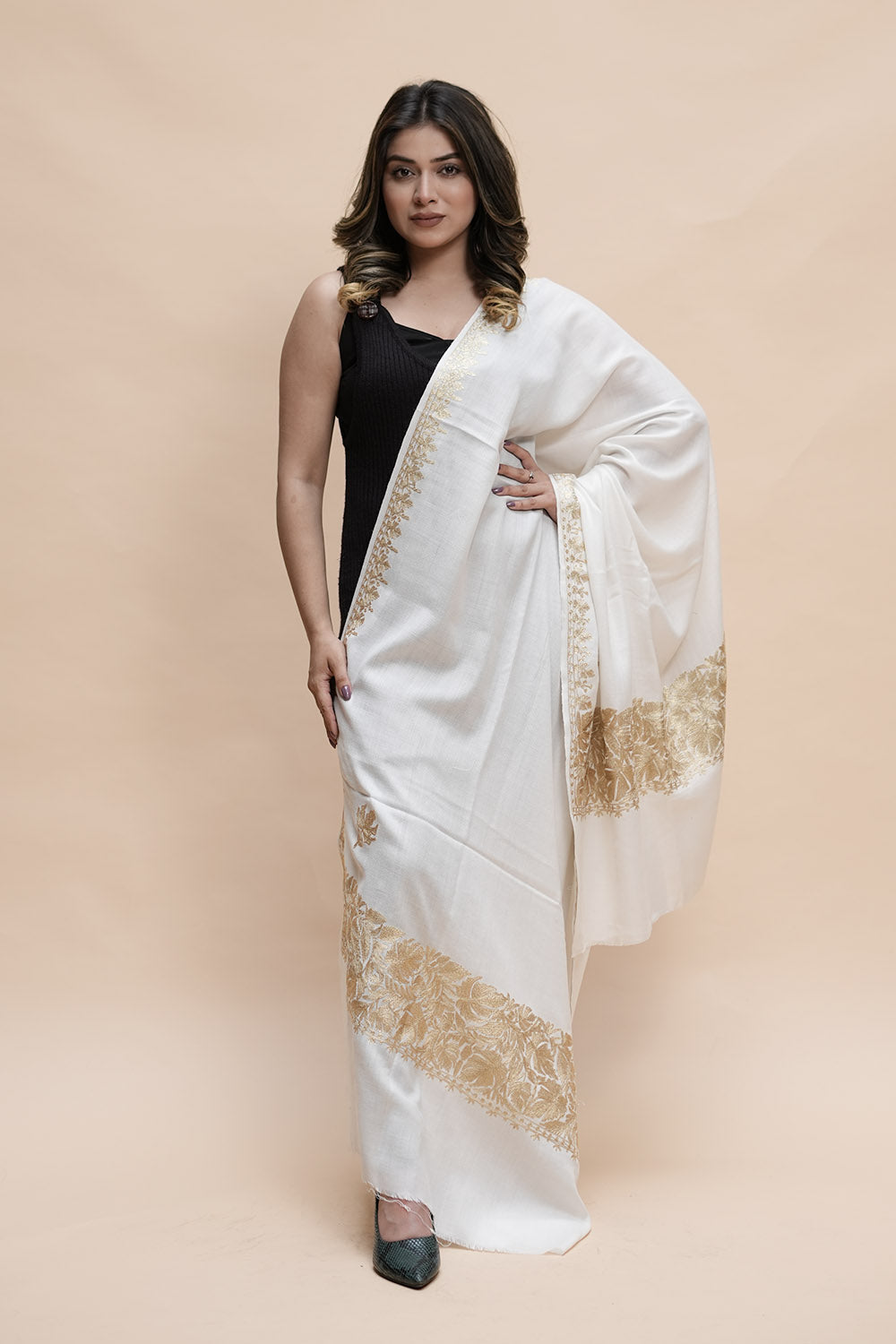 White Colour Semi Pashmina Shawl Enriched With Ethnic Heavy