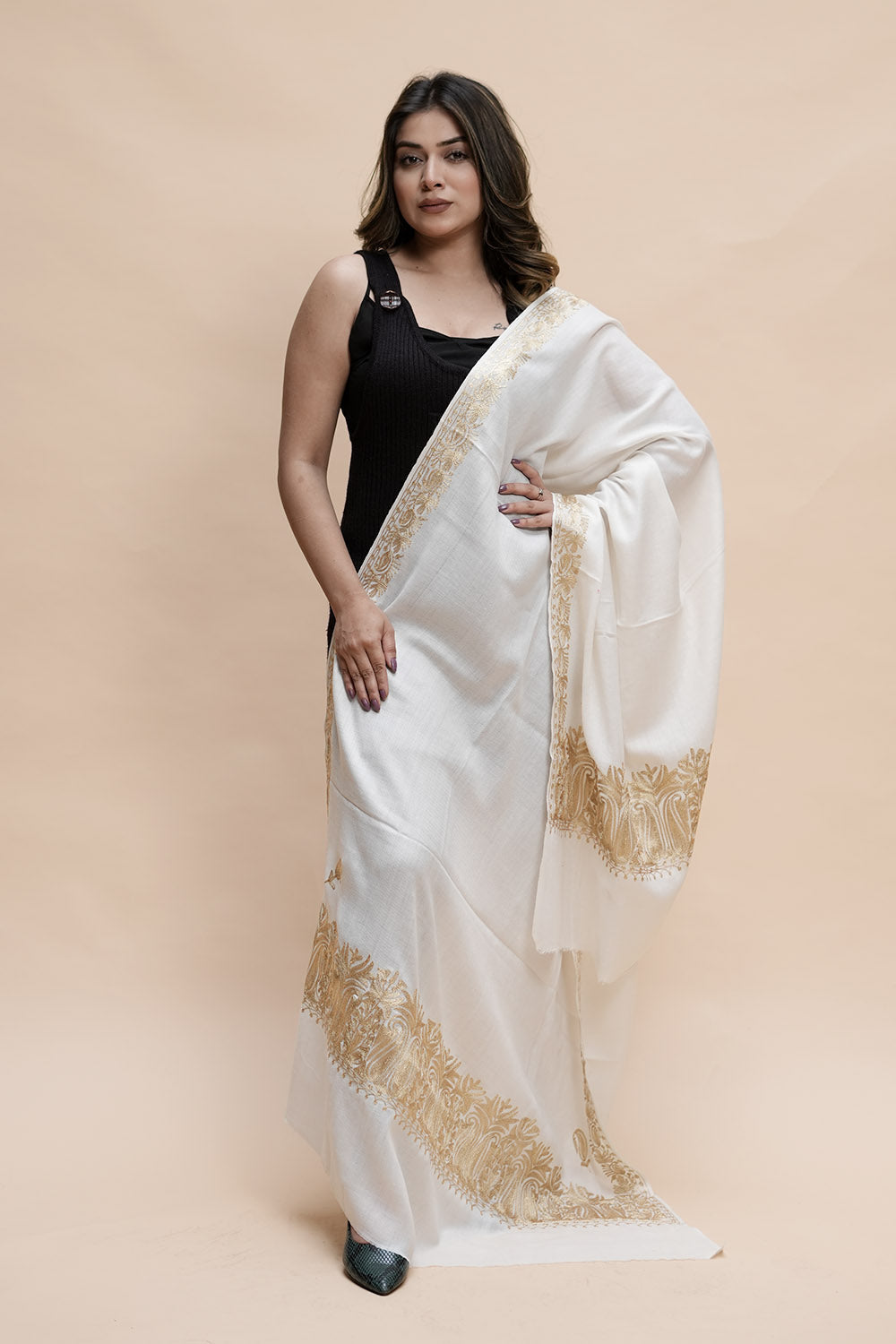 White Colour Semi Pashmina Shawl Enriched With Ethnic Heavy