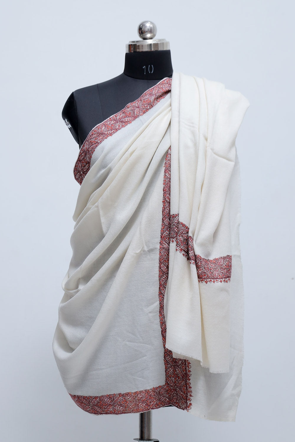 White Colour Semi Pashmina Sozni Shawl With Beautiful