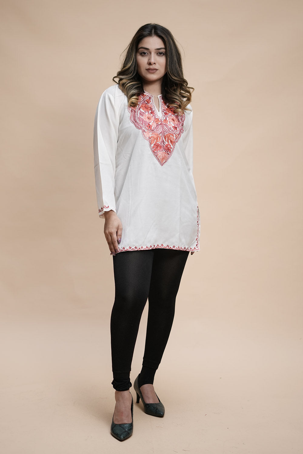 White Cotton Aari Work Kurti With Multicoloured Designer