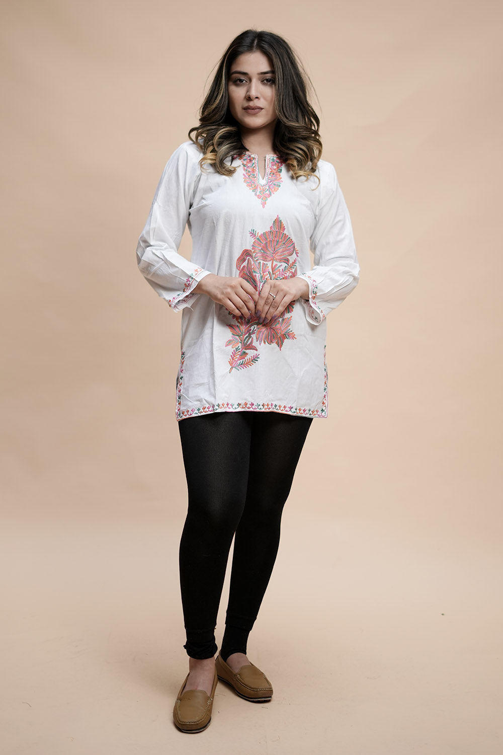 White Cotton Aari Work Kurti With Multicoloured Designer