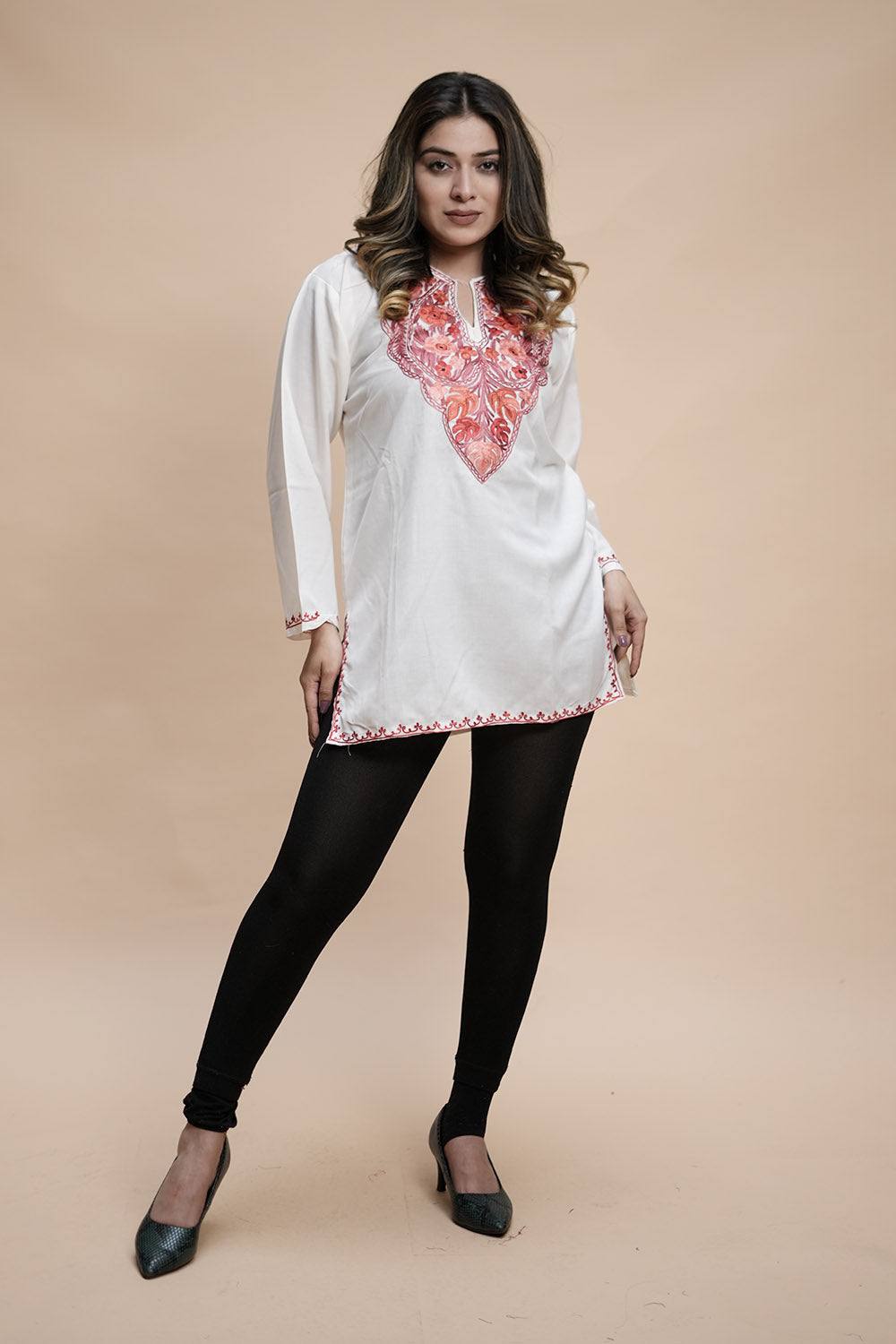 White Cotton Aari Work Kurti With Multicoloured Designer