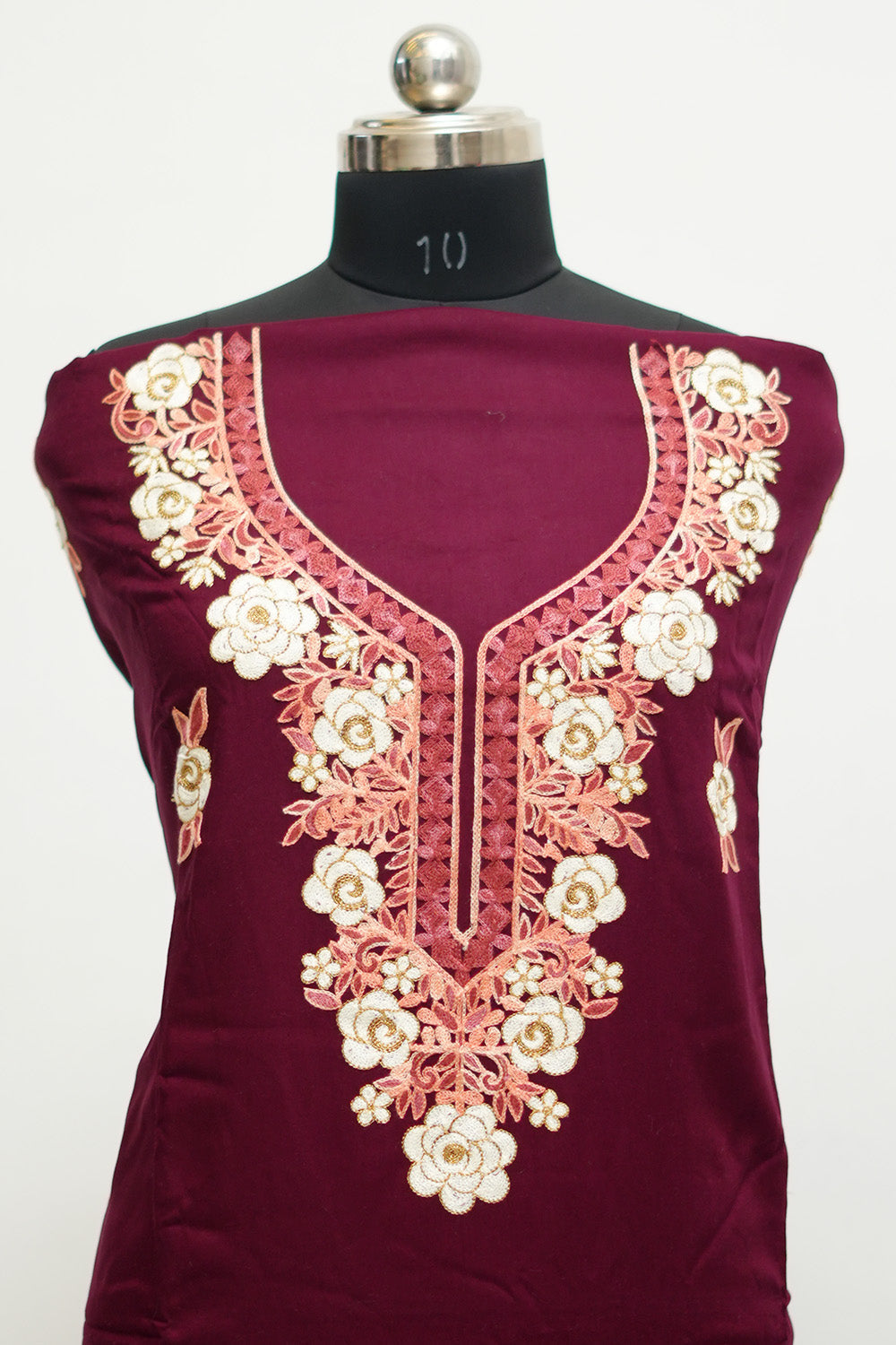 Wine Colour Aari Work Salwar Kameez With Neckline Pattern