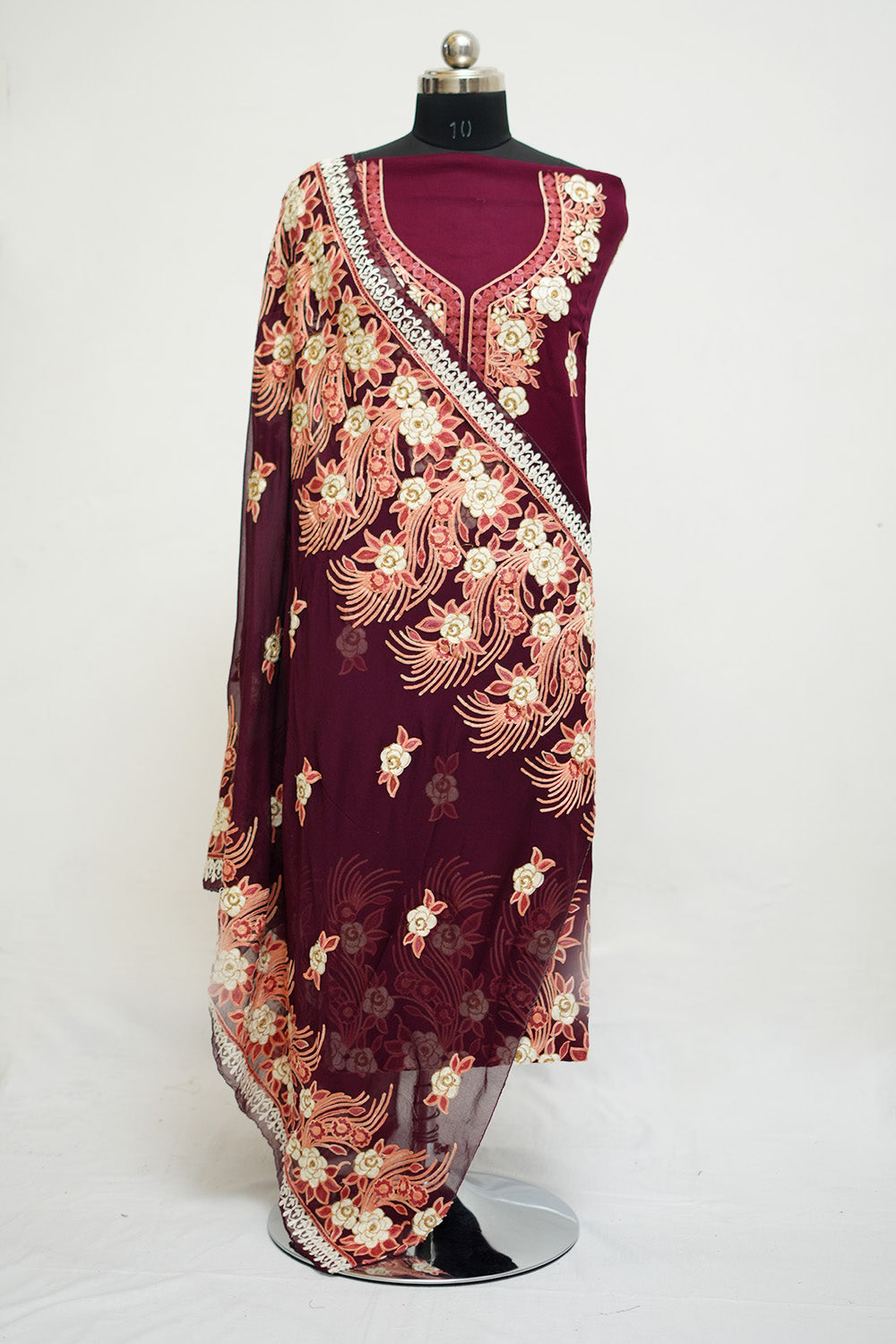 Wine Colour Aari Work Salwar Kameez With Neckline Pattern