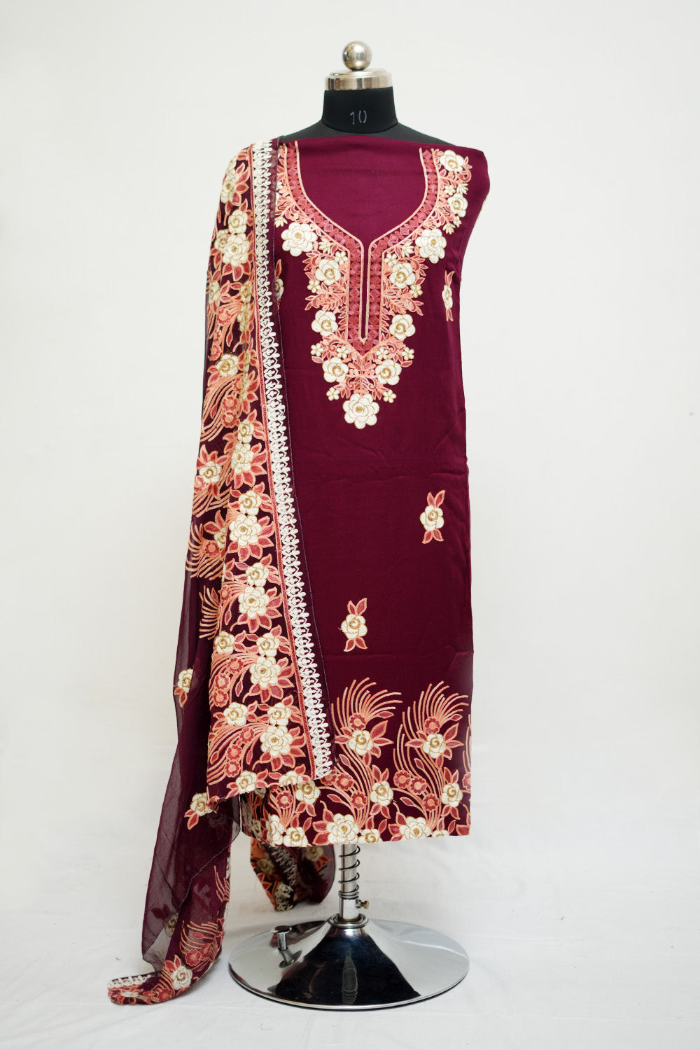 Wine Colour Aari Work Salwar Kameez With Neckline Pattern