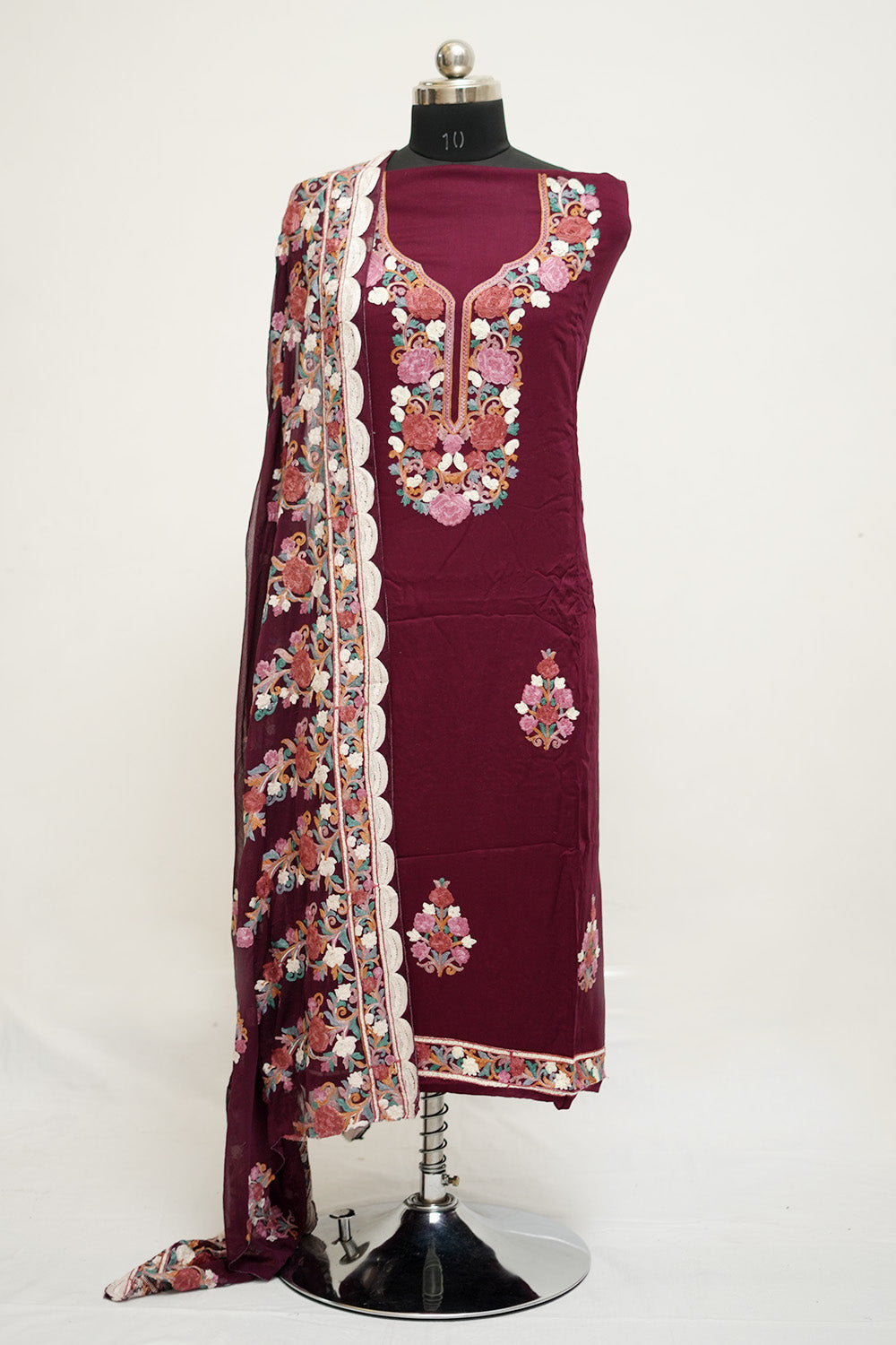 Wine Colour Aari Work Salwar Kameez With Neckline Pattern