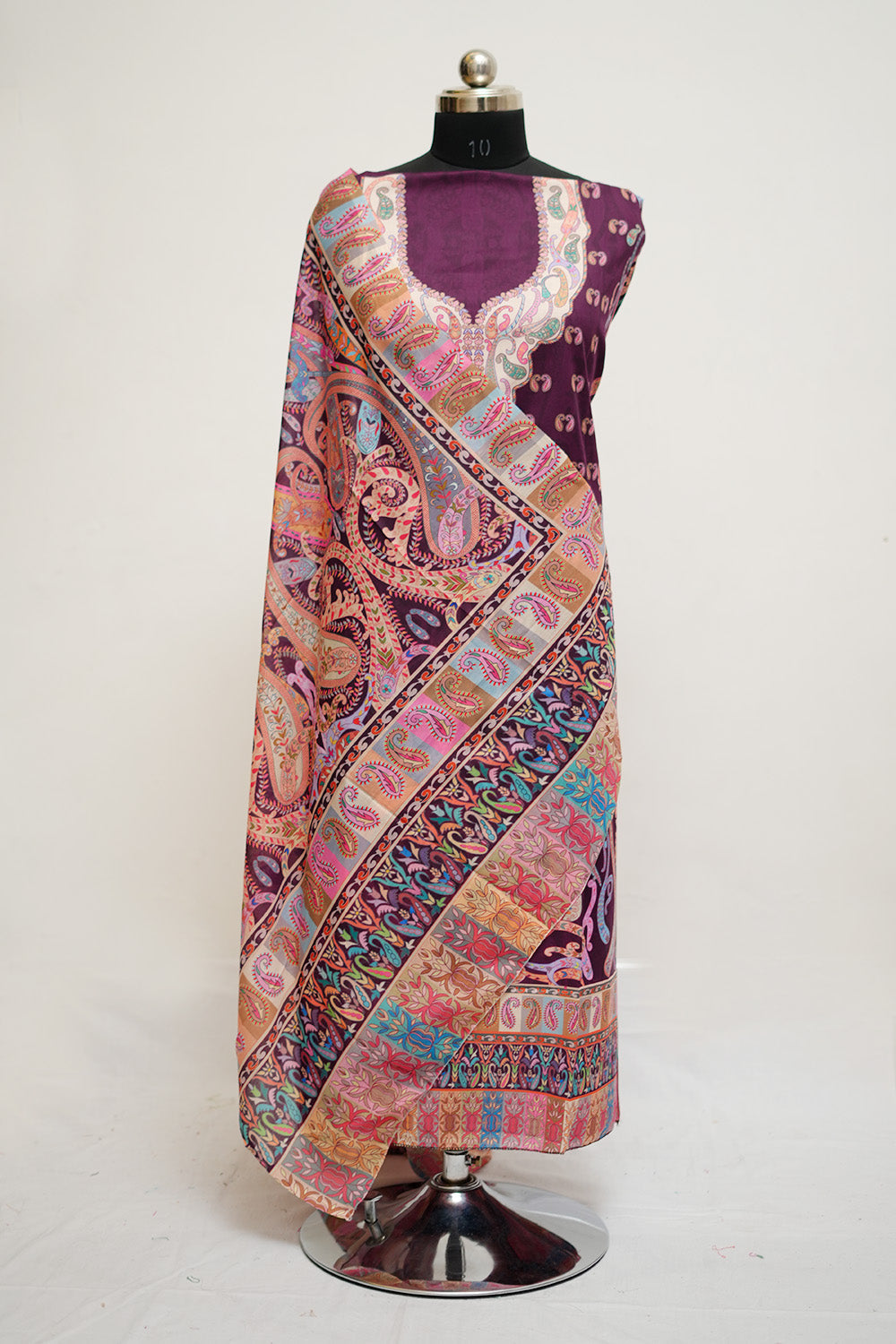 Wine Colour Cotton Kani Printed Unstitched Suit Fabric