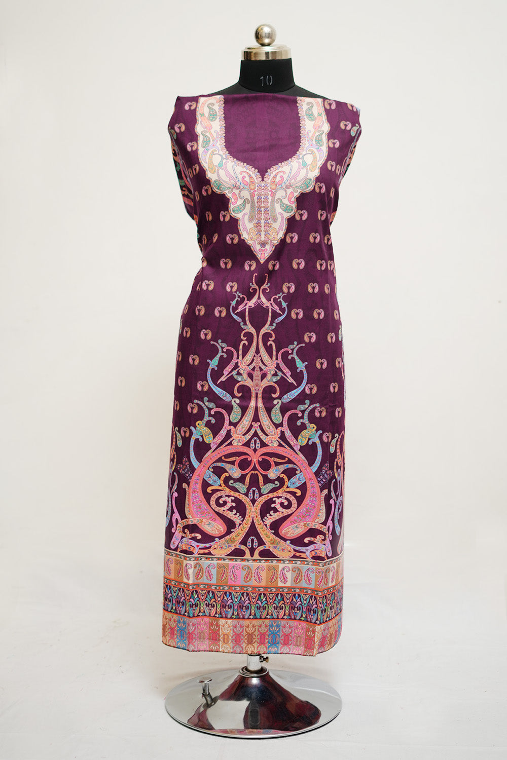 Wine Colour Cotton Kani Printed Unstitched Suit Fabric