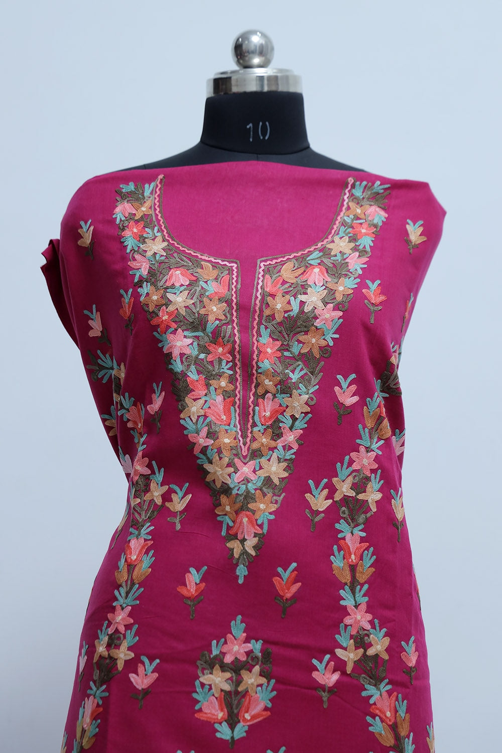 Wine Colour Designer Aari Work Suit With Floral Motif