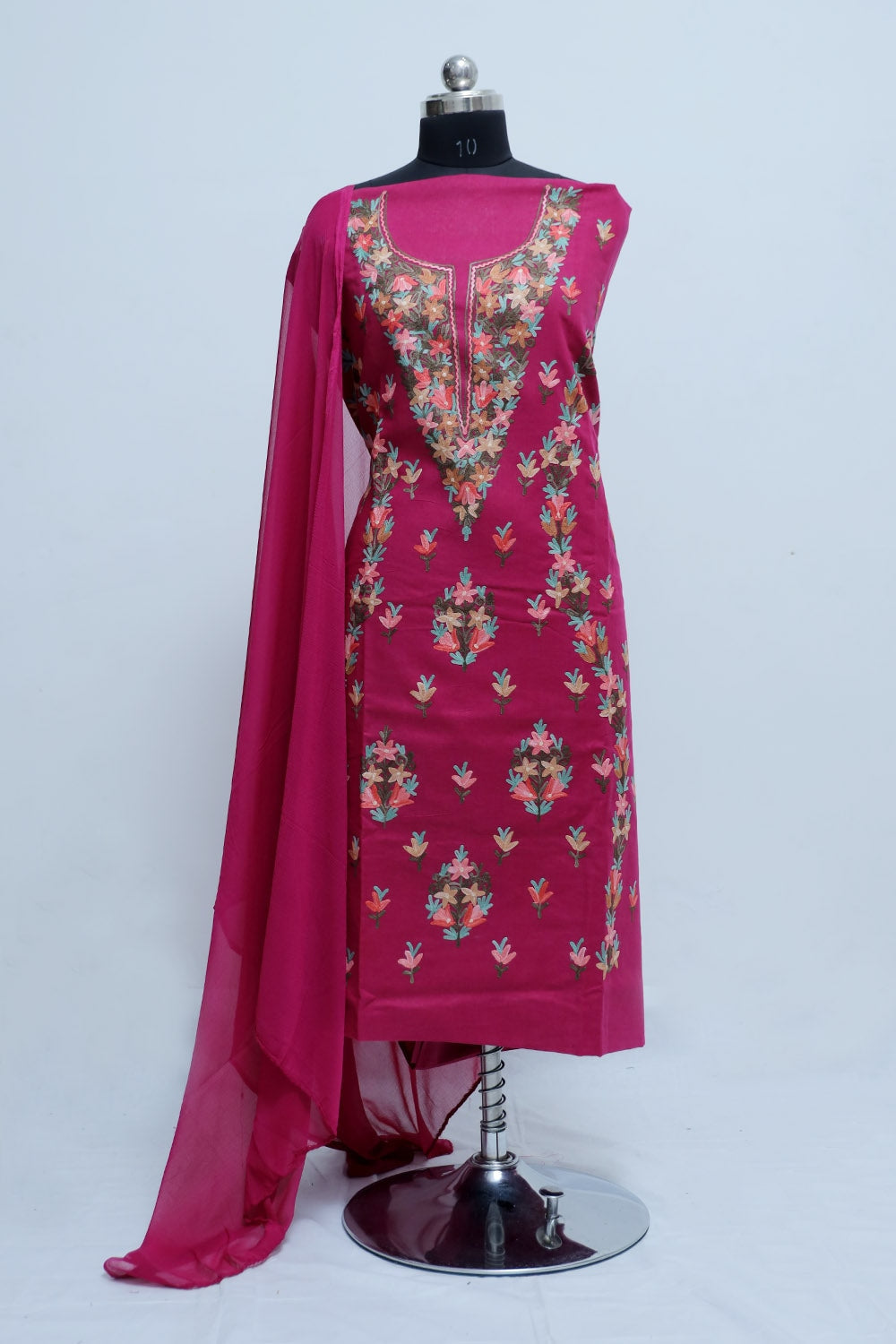Wine Colour Designer Aari Work Suit With Floral Motif