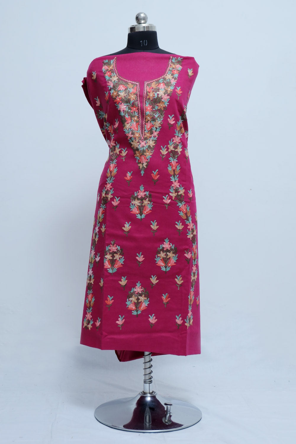 Wine Colour Designer Aari Work Suit With Floral Motif