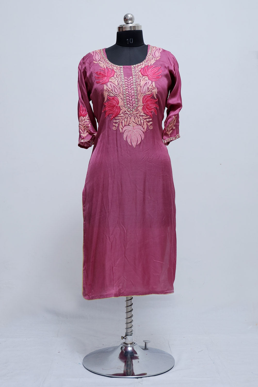 Wine Colour Kashmiri Crepe Kurti With Beautiful Aari