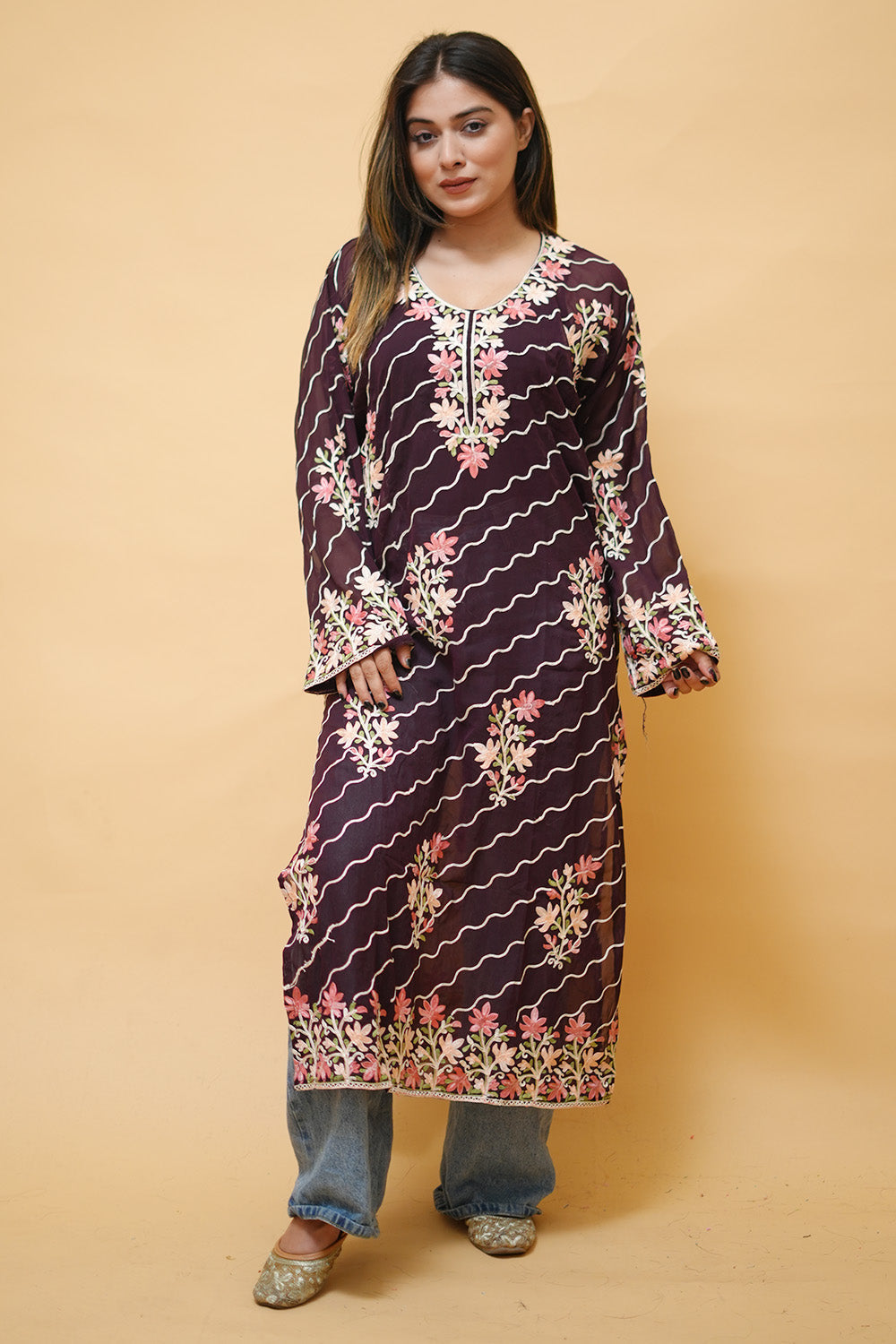 Wine Diagonal Kashmiri Kurti With Multicolour all over
