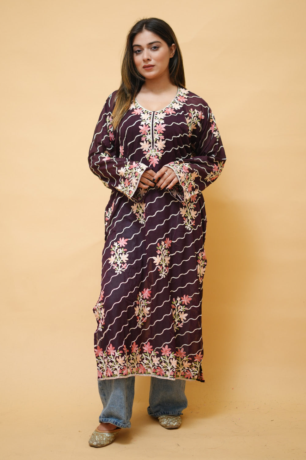 Wine Diagonal Kashmiri Kurti With Multicolour all over