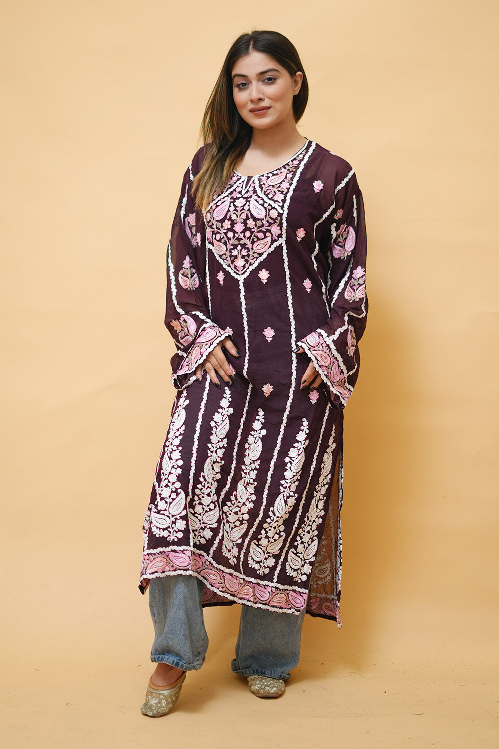 Wine Lining Kashmiri Kurti With Multicolour all over Front