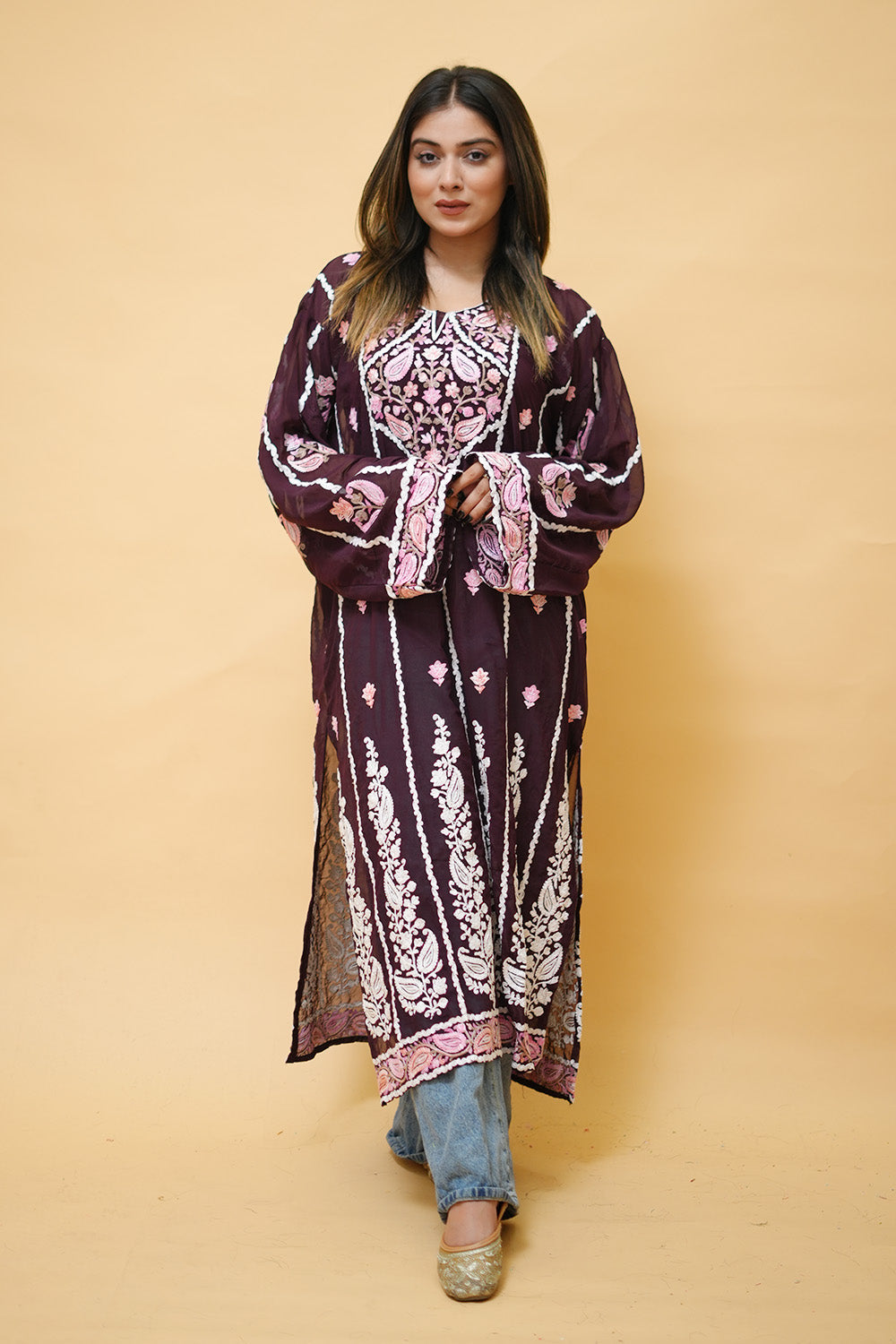 Wine Lining Kashmiri Kurti With Multicolour all over Front