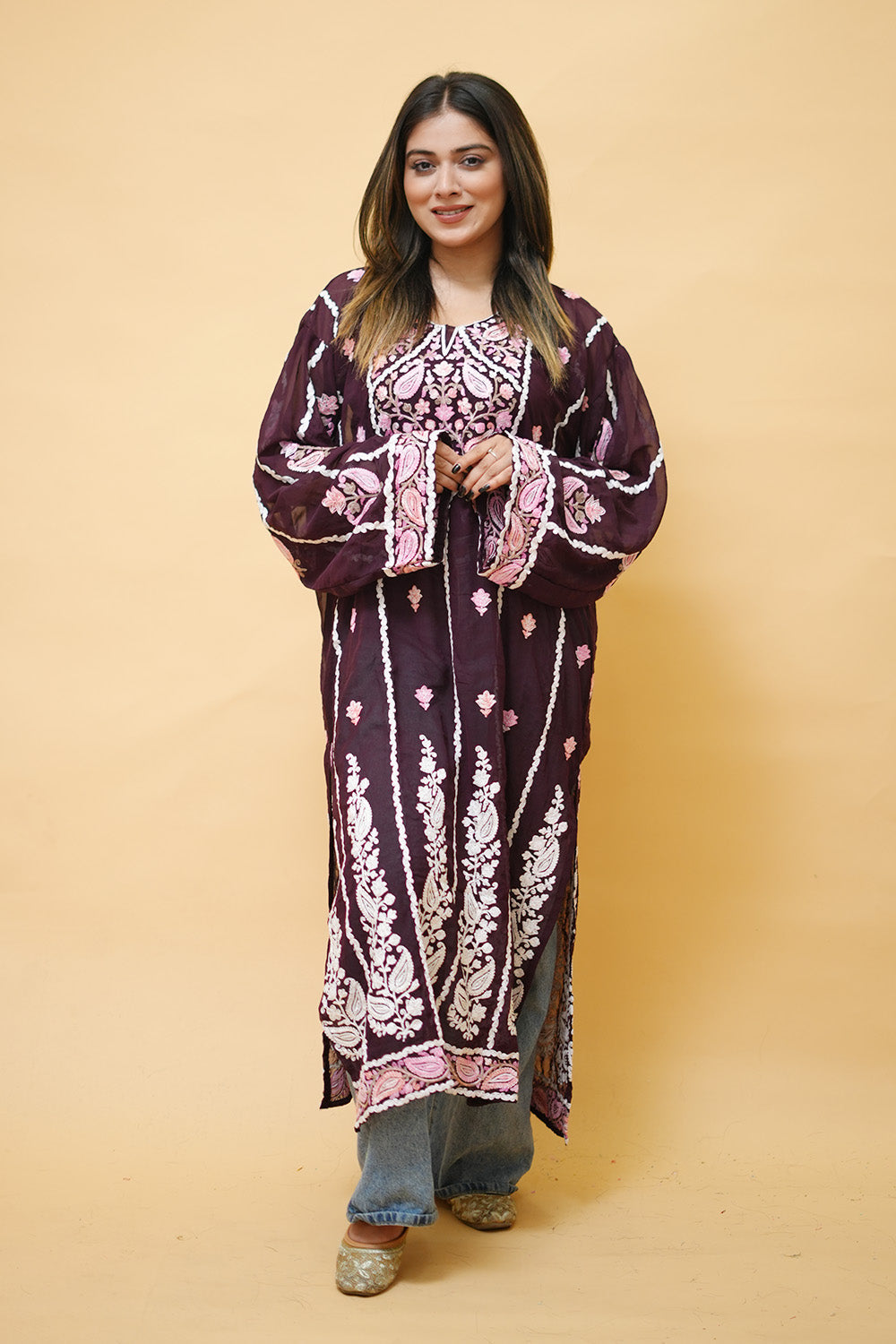 Wine Lining Kashmiri Kurti With Multicolour all over Front