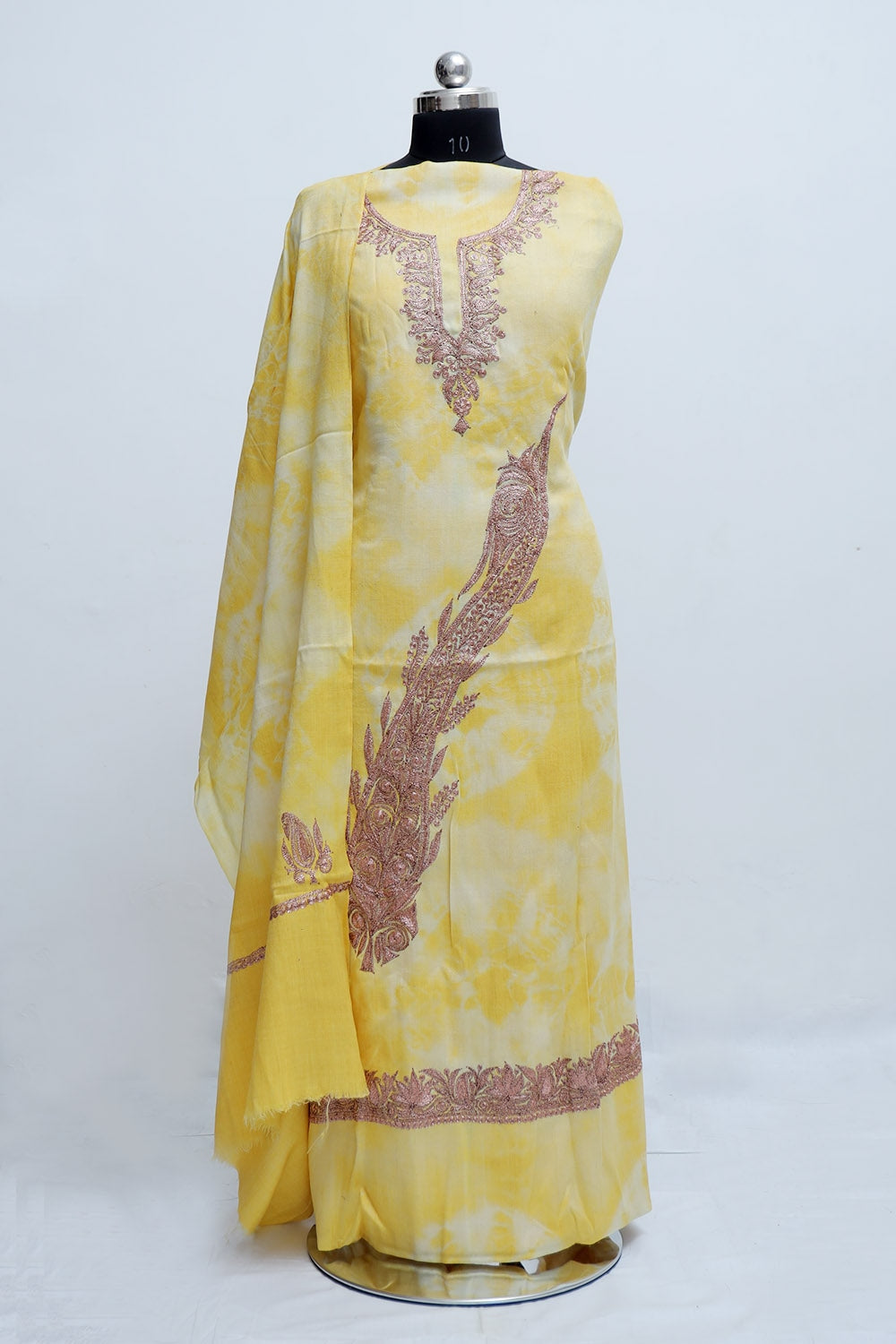 Yellow Color Tye And Dye Semi Pashmina Suit Having Tilla