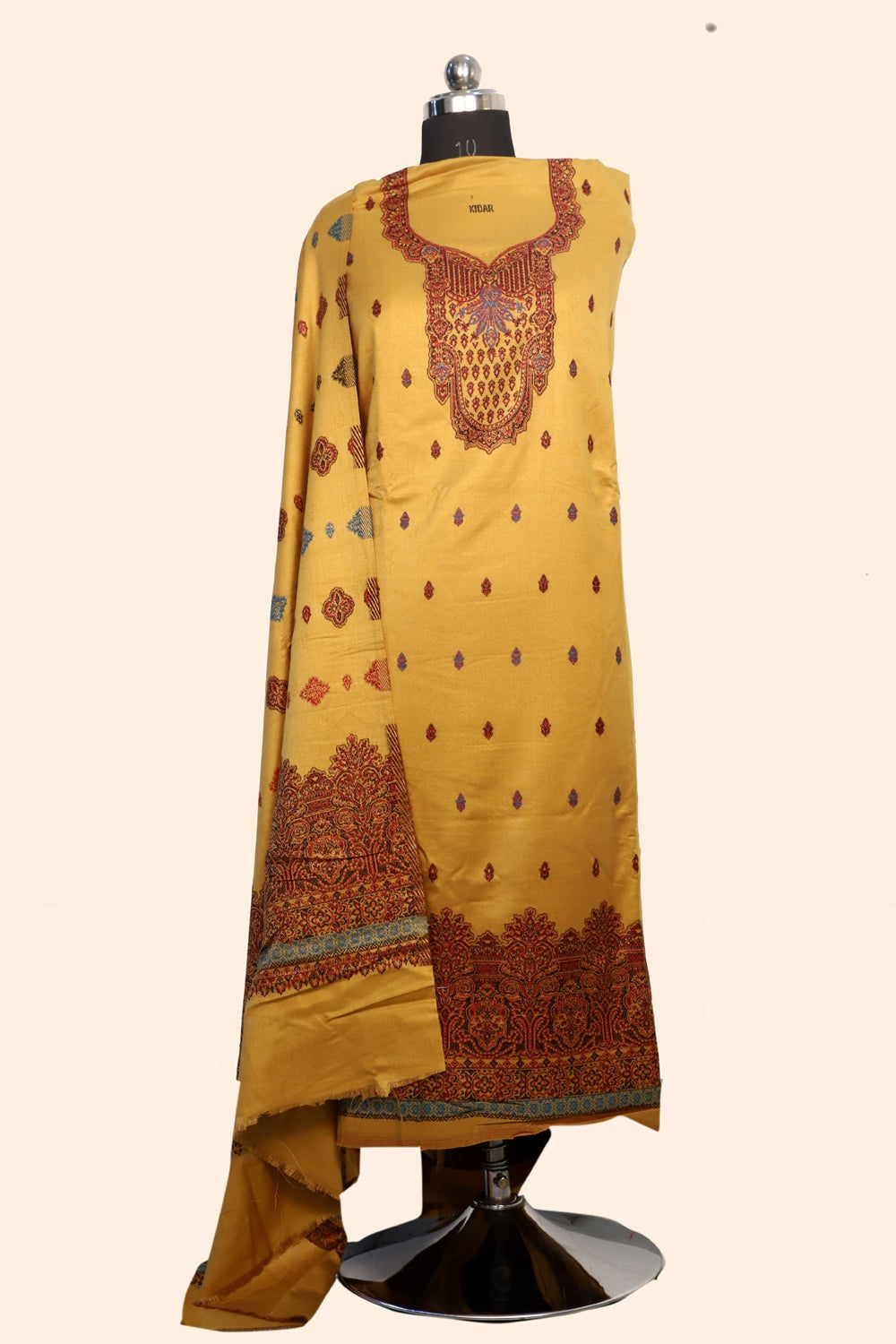 Yellow Color Woolen Kashmiri Kani Work Unstitched Suit