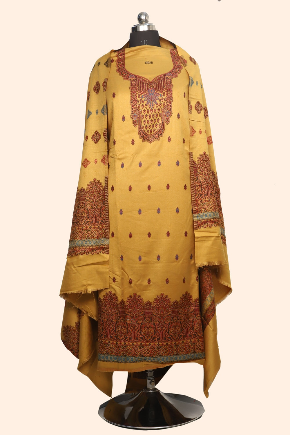 Yellow Color Woolen Kashmiri Kani Work Unstitched Suit